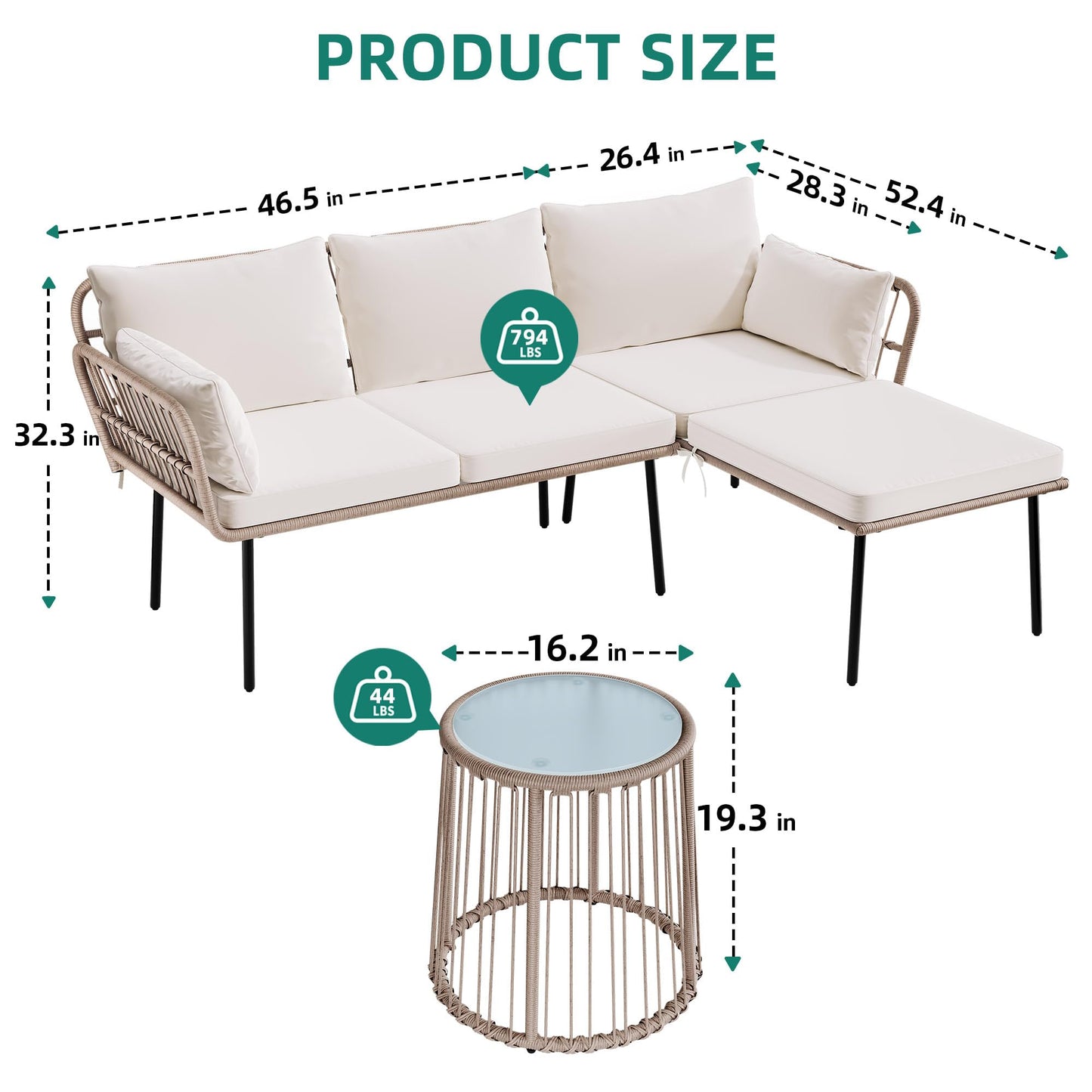 YITAHOME 3 Piece Patio Furniture Set Wicker Patio Sectional with Detachable Cushions and Coffee Table Outdoor Furniture Set L-Shaped Sectional Conversation Sofa Set for Backyard Porch Balcony - Beige