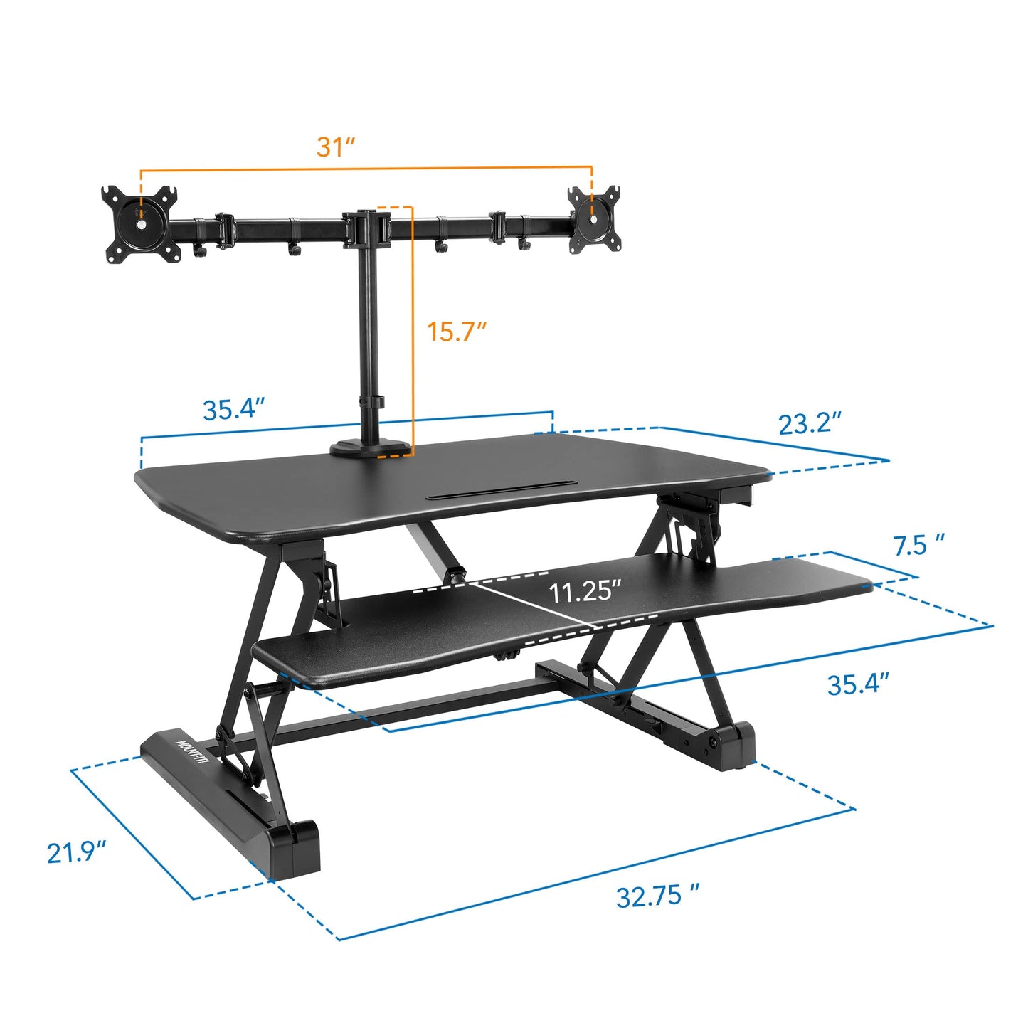 Mount-It! Electric Standing Desk Converter with Dual Monitor Arms for 2 Screens (Max 32"), Large 35.4" Wide Desktop, Motorized Stand Up Desk Riser, Keyboard Tray, USB, Black Stand up Desk Convertor