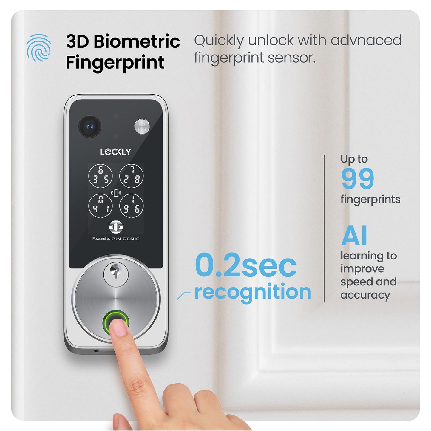 Lockly Vision Zeno Smart Lock with Video Doorbell Camera, Fingerprint Keyless Entry with Apple Home Key, Wi-Fi Deadbolt for Front Door, PIN Genie Keypad, App Remote Control, 2 Rechargeable Batteries