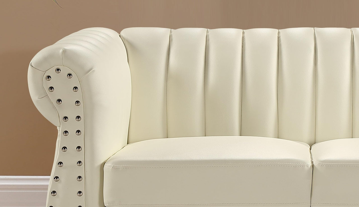 Container Furniture Direct Chesterfield-Inspired 60" Faux Leather Loveseat, 2 Seater Living Room Couch with Elegant Design, Gourd Legs, and Sustainable Pleather Upholstery, Cream White