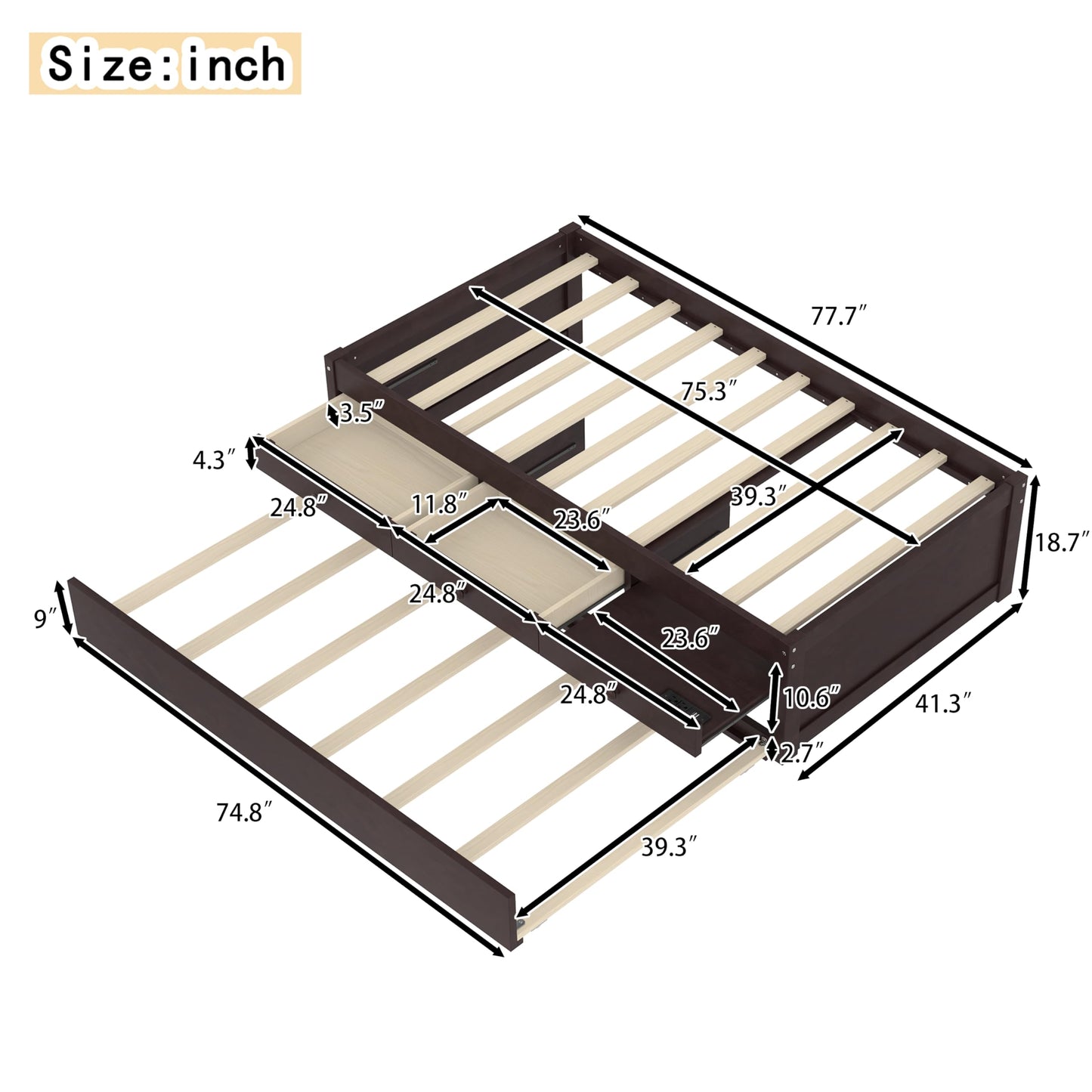 Twin Platform Bed with Trundle and Storage Drawers, Solid Wood Daybed with Power Outlets and Full-upgraded Slats, Twin Bed Frame for Bedroom, Guests, Living Room, No Box Spring Needed, Espresso