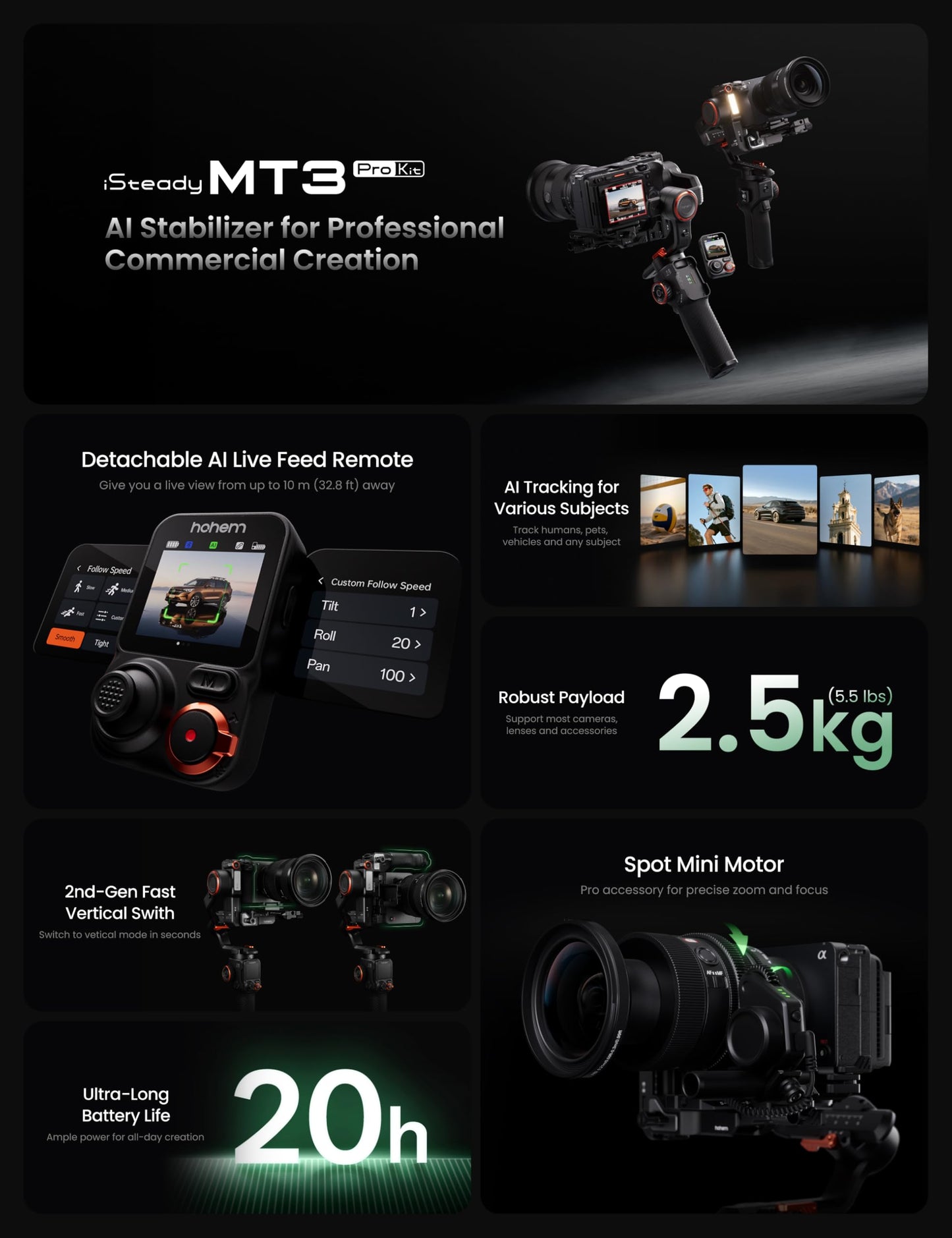 Hohem iSteady MT3 Pro Kit 3-Axis Gimbal Stabilizer for Camera, AI Tracker with Fill Light, for Mirrorless/Pocket/Action Camera/Smartphone, Detachable Touchscreen Control, for Canon/Nikon/Sony/Fujifilm