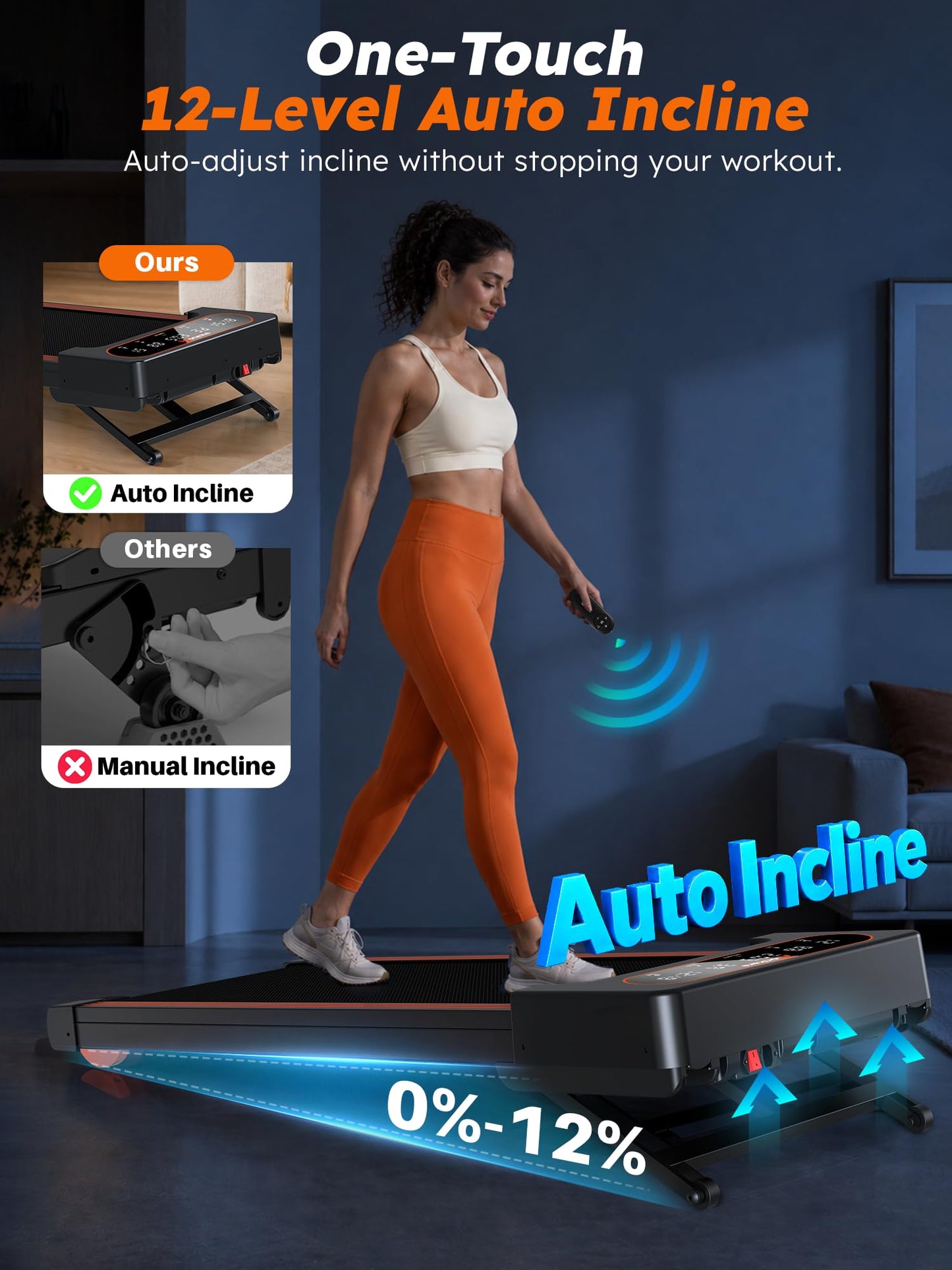 Walking Pad Treadmill with Auto Incline 12%-12Level, Quiet BLDC EvoDrive, Under Desk Treadmill for Home Office, Full Metrics Display, Extra-Large Belt, Quadra Cushion, 300lbs Capacity, Orange