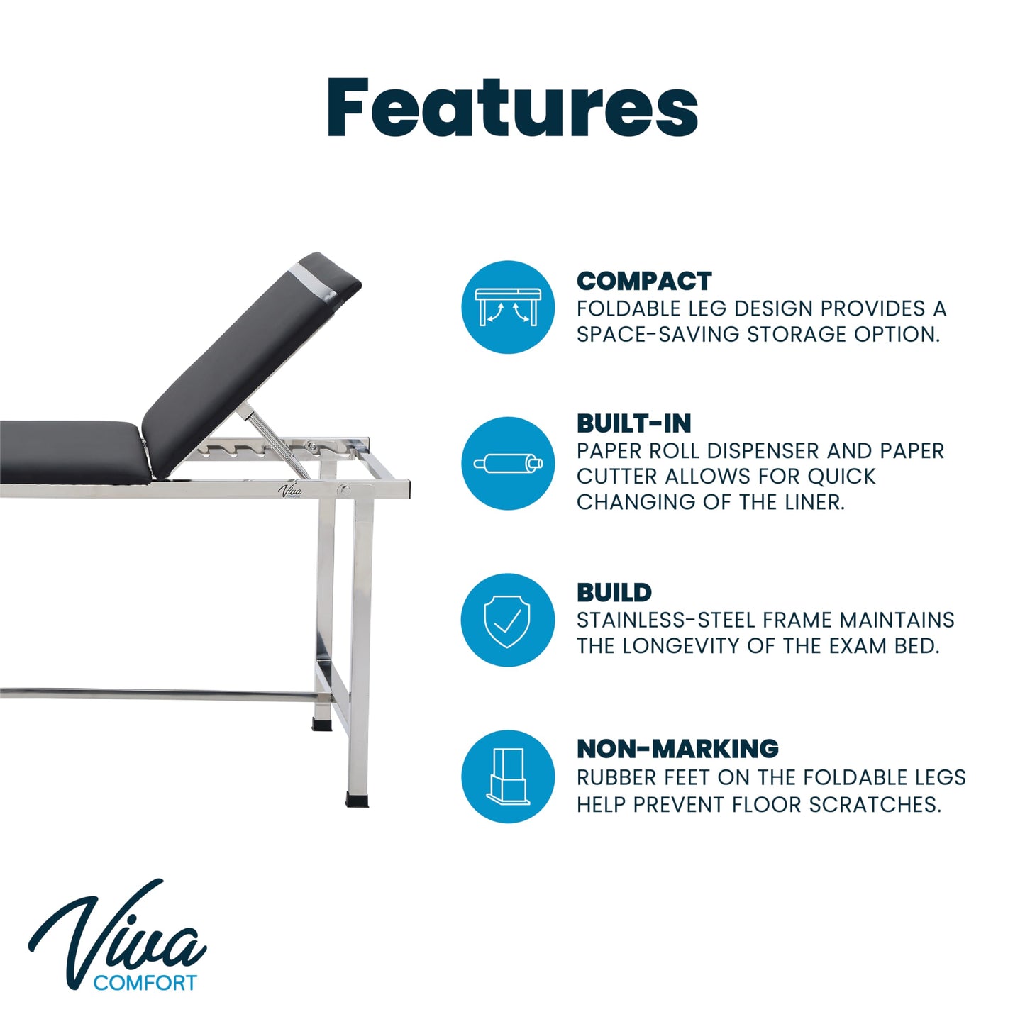 Vivacomfort Folding Medical Exam Table, Basic Adjustable Patient Treatment Table, Doctor Bed with Folding Legs, 74.8''L x 27.5''W x 31.4''H