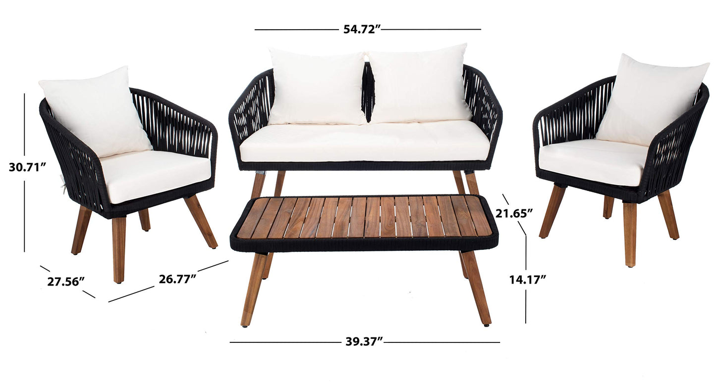SAFAVIEH Outdoor Collection Ransin Black/Beige/Natural Solid Wood 4-Piece Conversation Patio Set