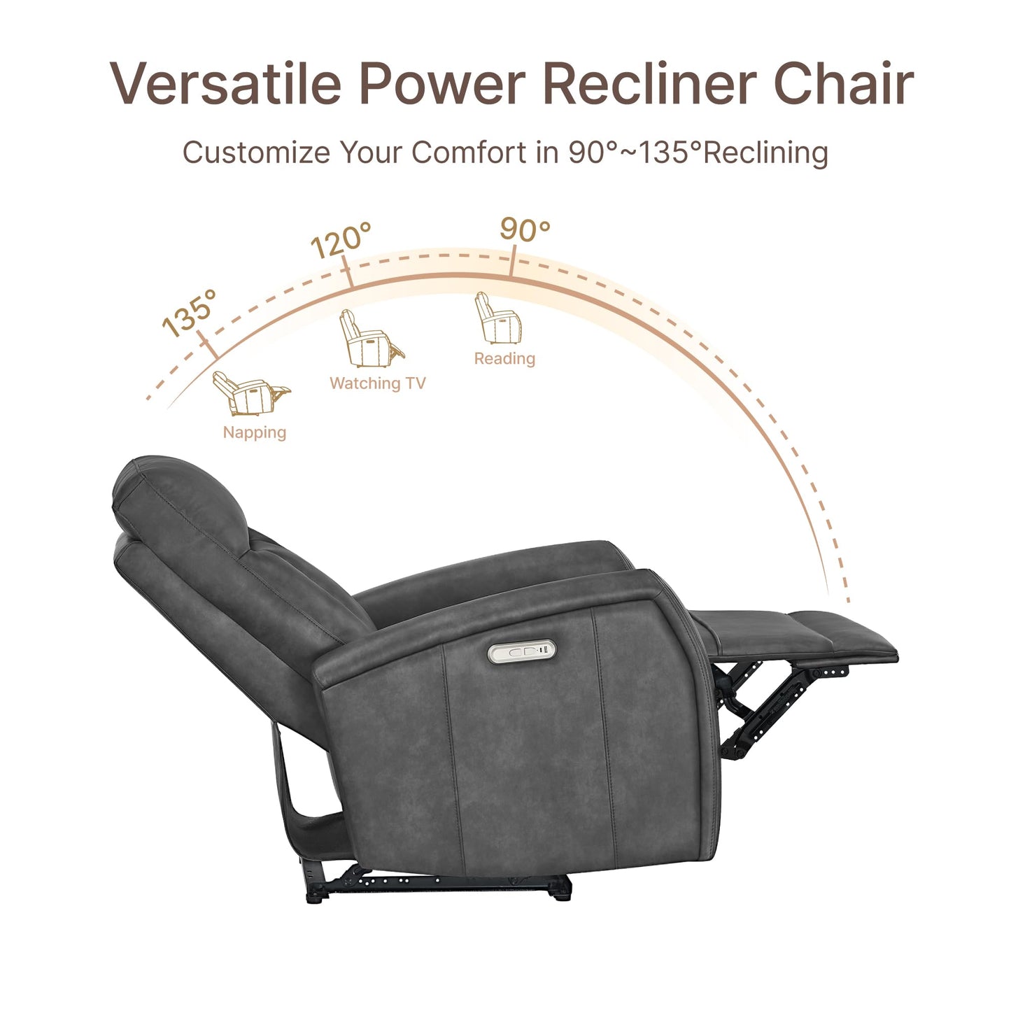 KISLOT Wall Hugger Power Recliner Chair with USB & Type-C Ports Faux Leather Recliner 135° Reclining Small Space Electric Sofa for RV Living Room Bedroom