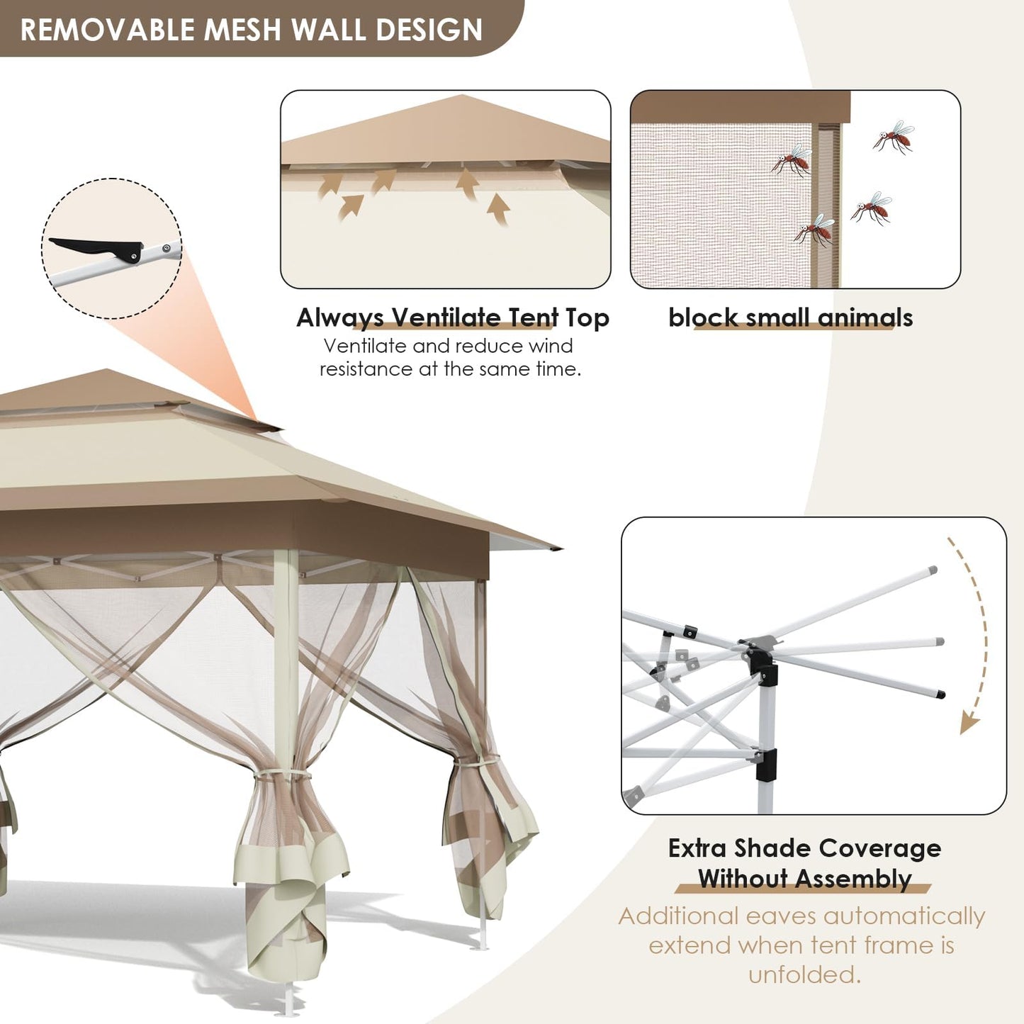 MAMIZO 13ft Pop Up Gazebo, Outdoor Instant Canopy Tent w/4 Netting Sidewall & Auto Extending Eave, Patio Gazebos Shelter w/Mesh Wall, Center Lock, Wheeled Bag for Garden, Yard (Khaki, 13X13FT)