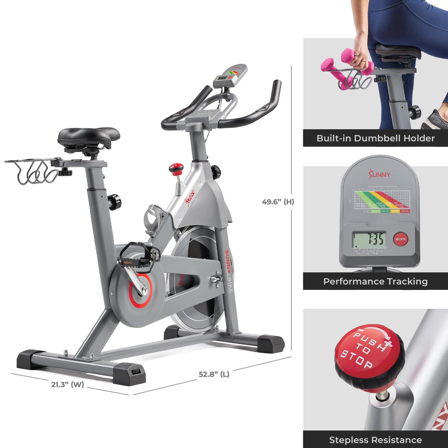 Sunny Health & Fitness Smart Indoor Cycling Magnetic Resistance Exercise Bike, Cardio Workout for Home, Pulse Sensor, with Dumbbell Holder, Bluetooth Connectivity and SunnyFit App - SF-B123033