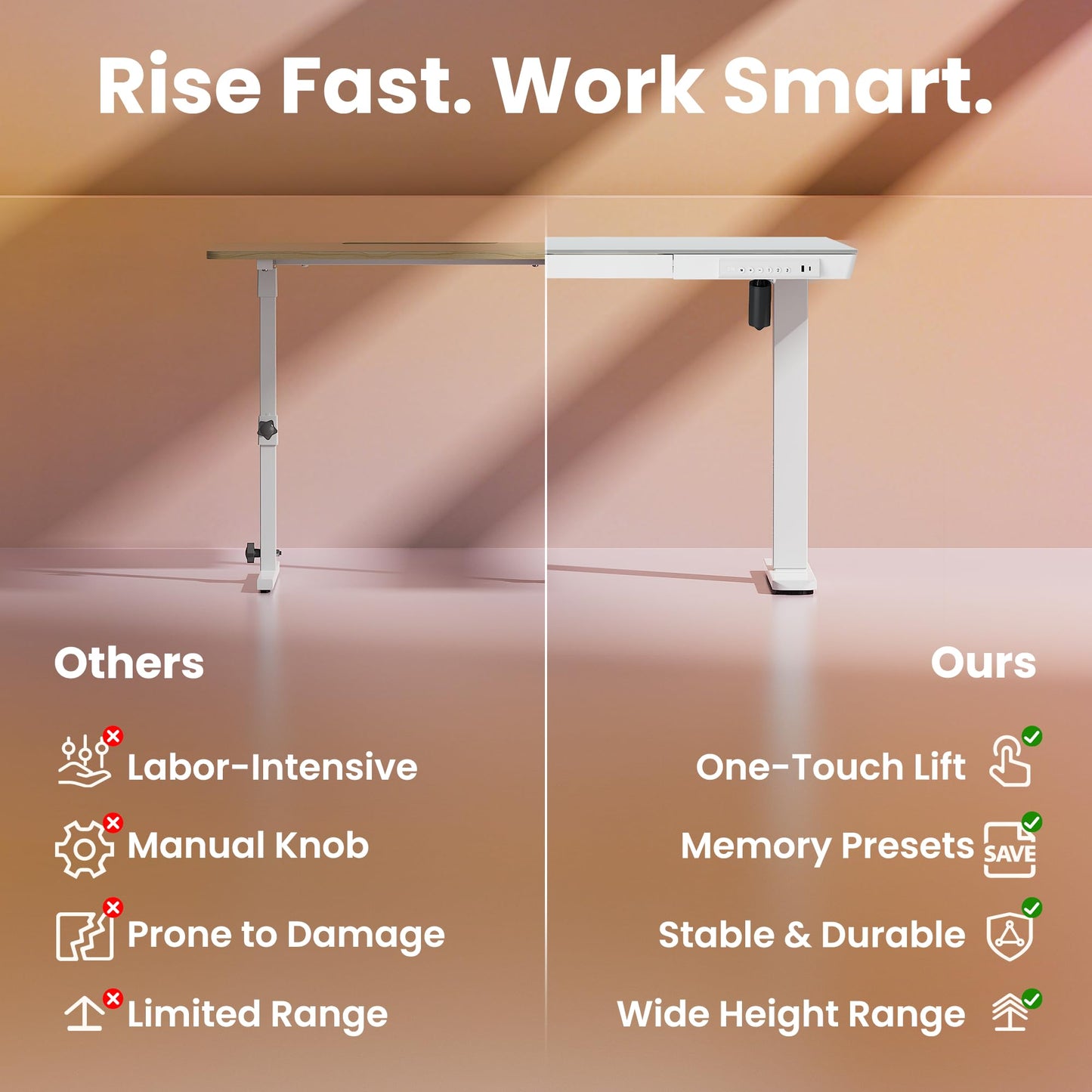 HUANUO Glass Standing Desk with Drawers, 35 X 20 Inch Electric Adjustable Height Desk, Quick Install One-Piece Tabletop with USB Charging Ports, White