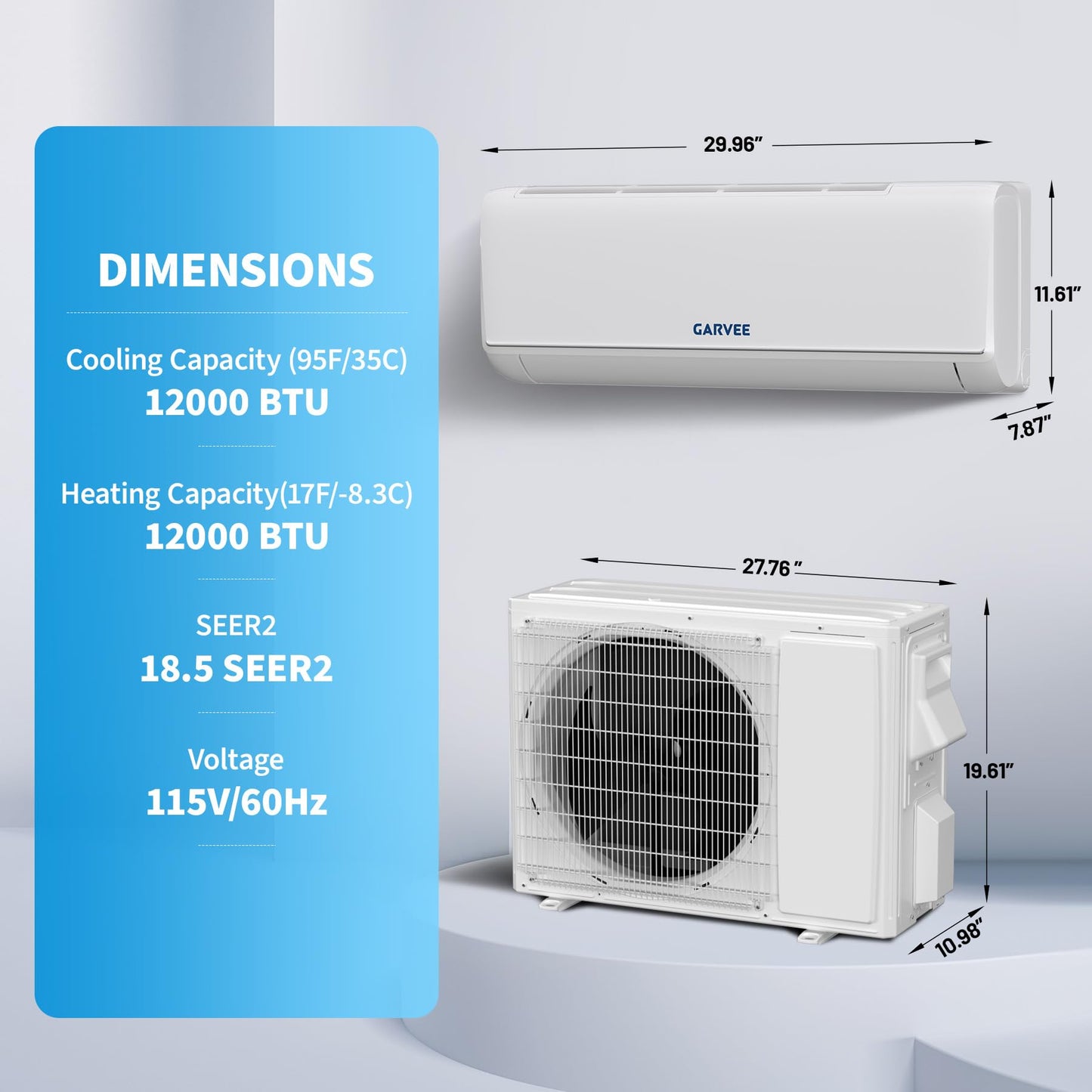 Garvee 12000 BTU Mini Split AC & Heat Pump, 208-230V 18.5 SEER2 Air Coditioner with Heating and Buit in WiFi, APP Control, Compatible with Alexa, Cools Heat Room Up to 750 Sq.ft