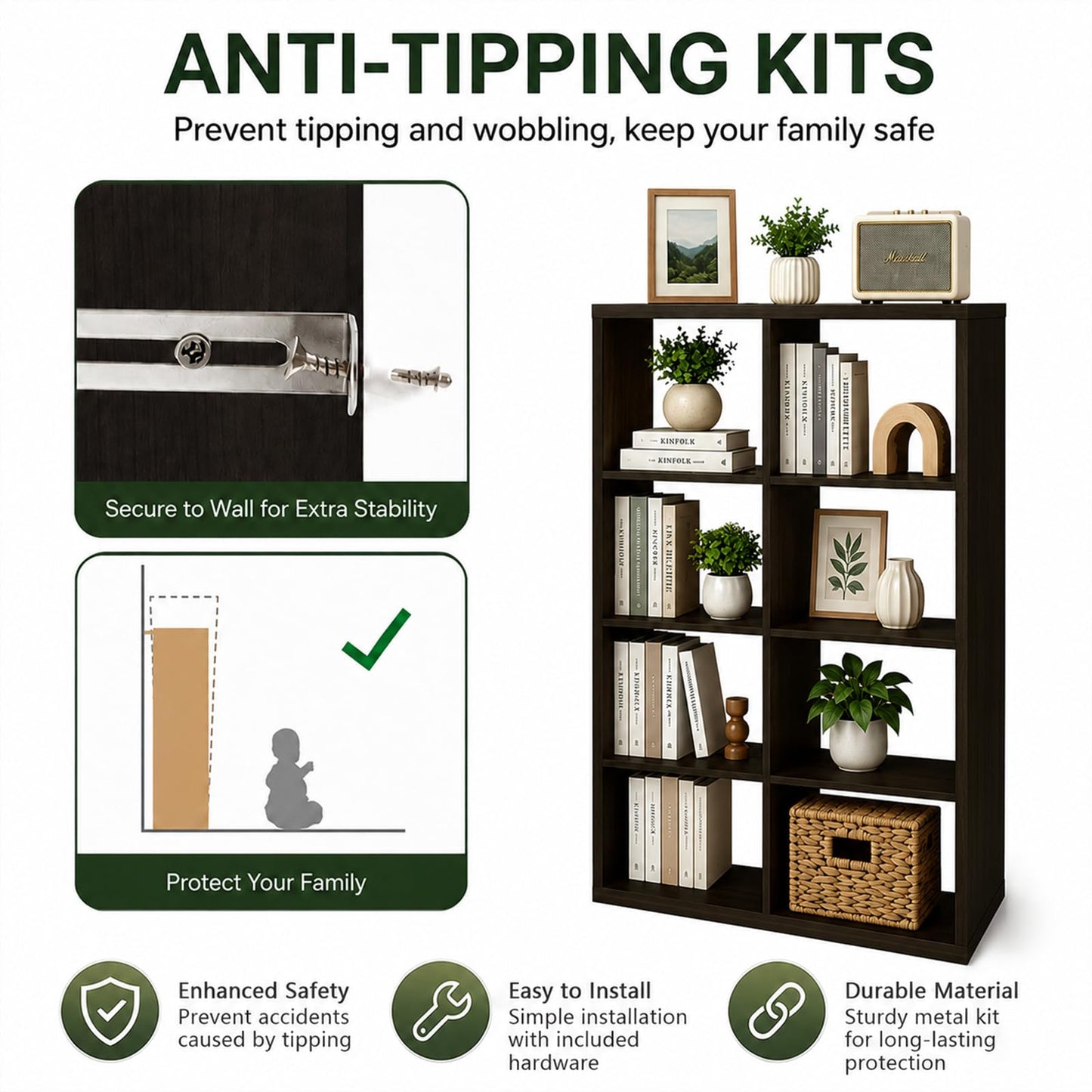 CTESNE【Wooden Thick Frame 8 Cube Storage Organizer Shelf with Anti-Tipping Kits + Reversible Open Back Bookcase, Horizontal and Vertical Dual-use Standing Bookshelf（Chocolate,13inch）