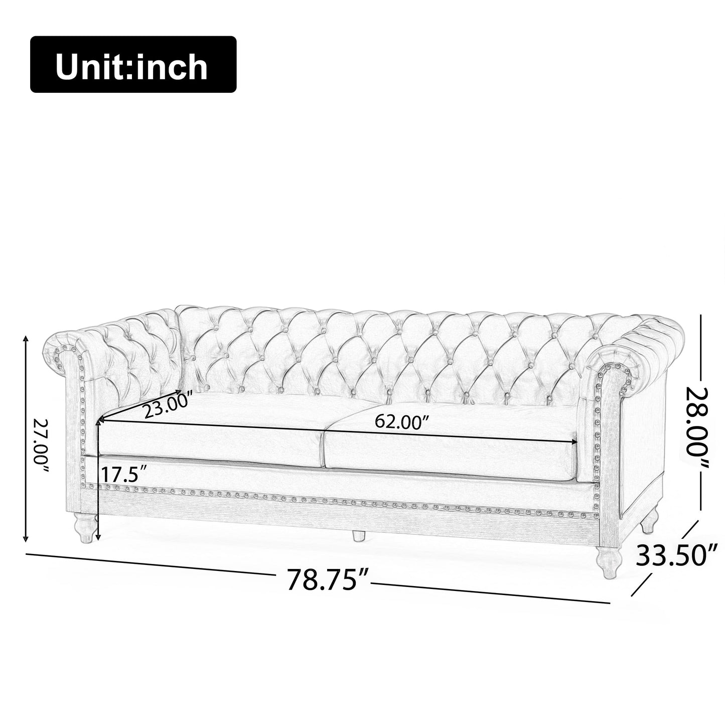 Merax 3 Seat PU Chesterfield Sofa, Retro Style Upholstered Leather Couch Rolled Arm for Living Room Bedroom Office, Light Brown