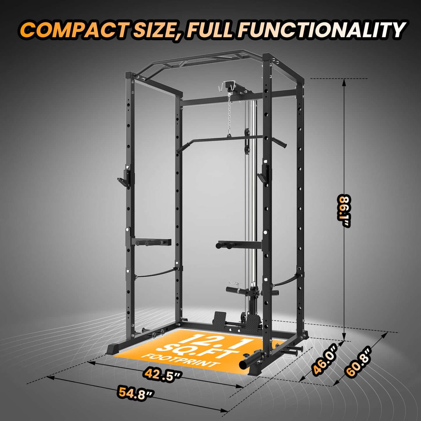 Power Cage with LAT Pulldown Machine - Squat Rack for Home Gym, Multi-Functional Weight Cage with Cable Pulley System, Dip Bars & Landmine Attachment