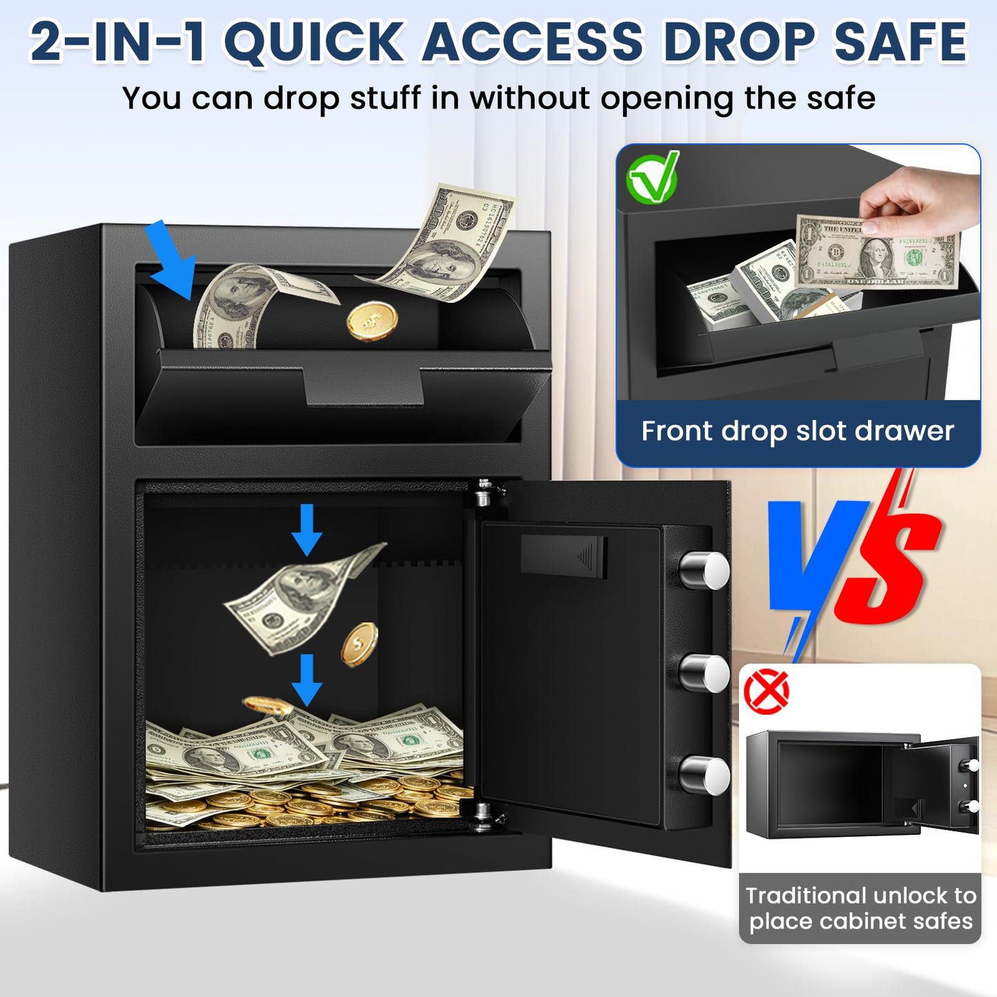 2.6 Cuft Biometric Drop Safe for Business, Anti-Theft Fingerprint Safe Box with Quick Place Drop Slot, Digital Keypad and Spare Key, Depository Safe for Home Office Retail Store Business Mail Church