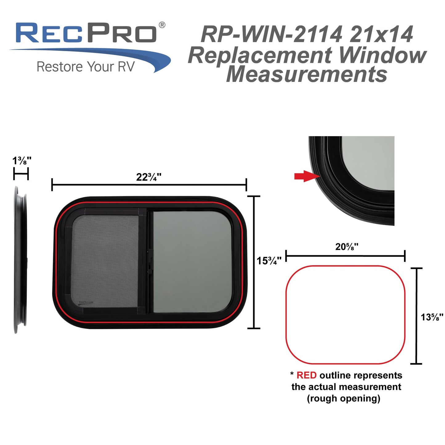 RecPro RV Window Replacement - Teardrop Style, Horizontal Sliding, 21inW x 14inH, Black, Model RP-WIN, Made in USA
