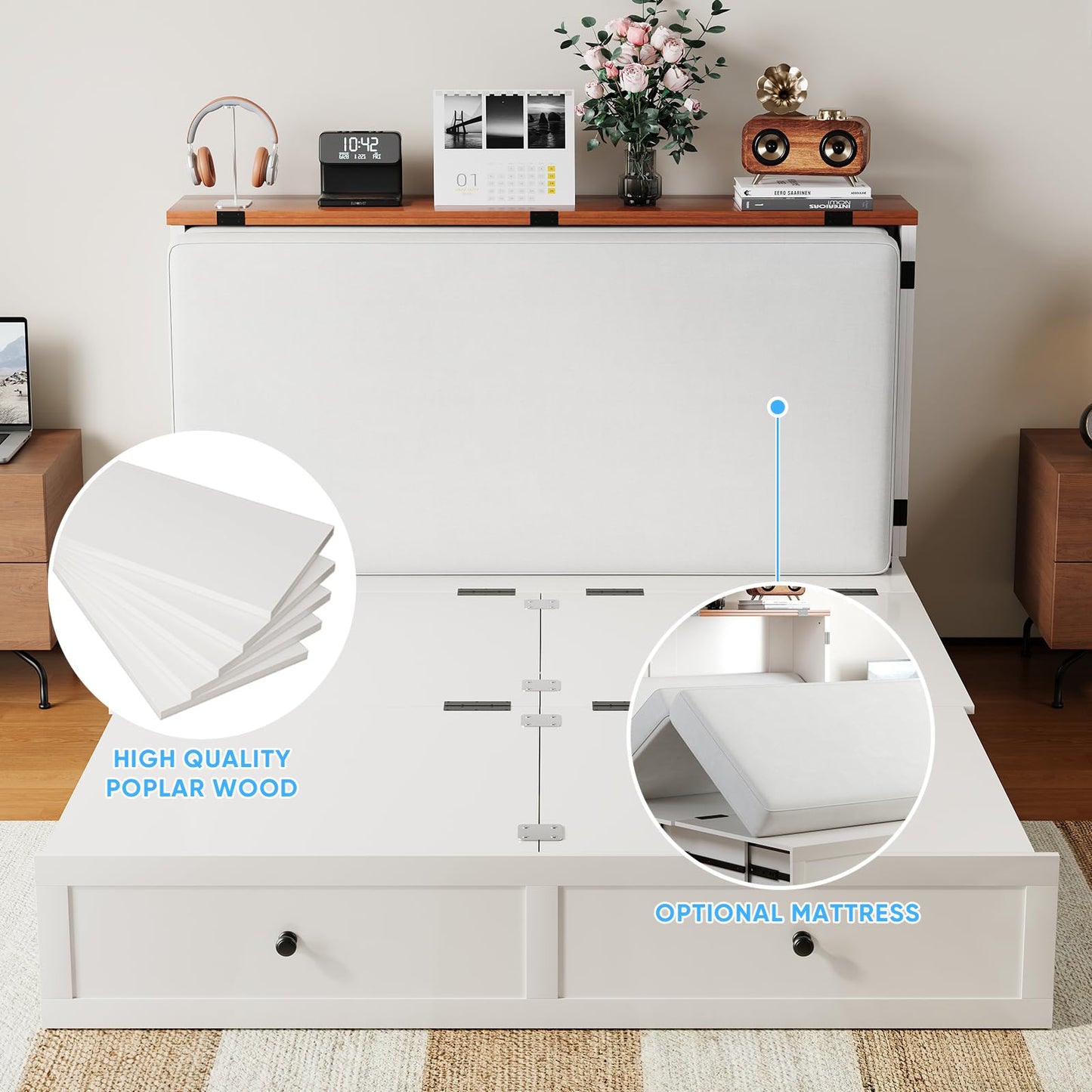 Mjkone Queen Size Murphy Bed, Storage Drawers, Hidden Folding Cabinet Bed with USB Charging Station, Space Saving Wall Chest Beds for Bedroom Living Room, White（No Mattress）