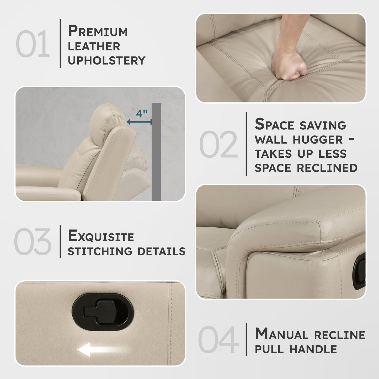 Lexicon Top Grain Leather Match Manual Reclining Sofa, Wall Hugger Reclining Sofa, Overstuffed Armrest, for Living Room/Theater Seating/Apartment, Easy Assembly, Beige