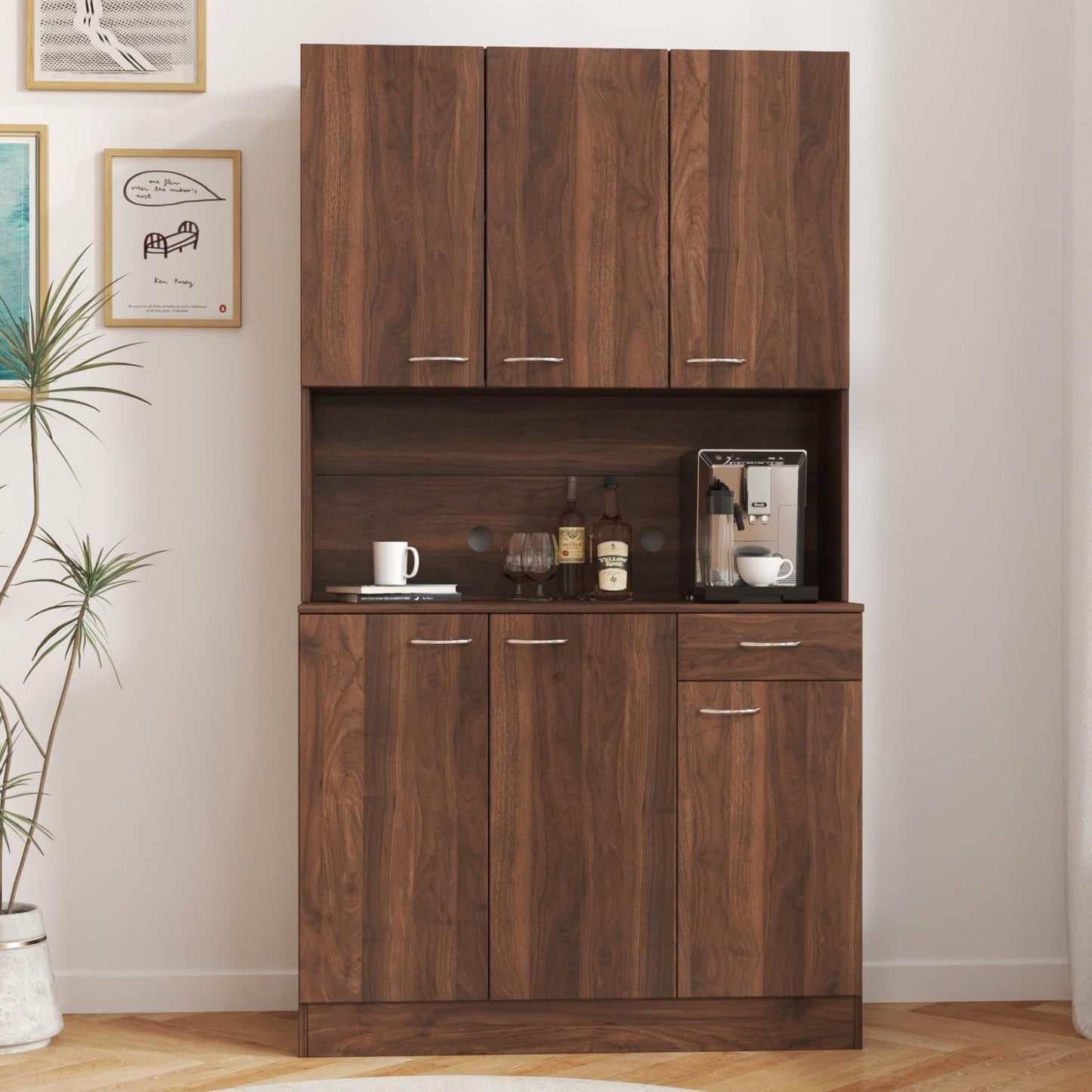 KEIKI 70.87" Tall Kitchen Pantry Storage Cabinet with Countertop, 6-Doors, 1 Drawers, Microwave Stand and Shelves, Freestanding Wood Hutch Food Pantries Cupboard for Coffee Bar, Dining Room