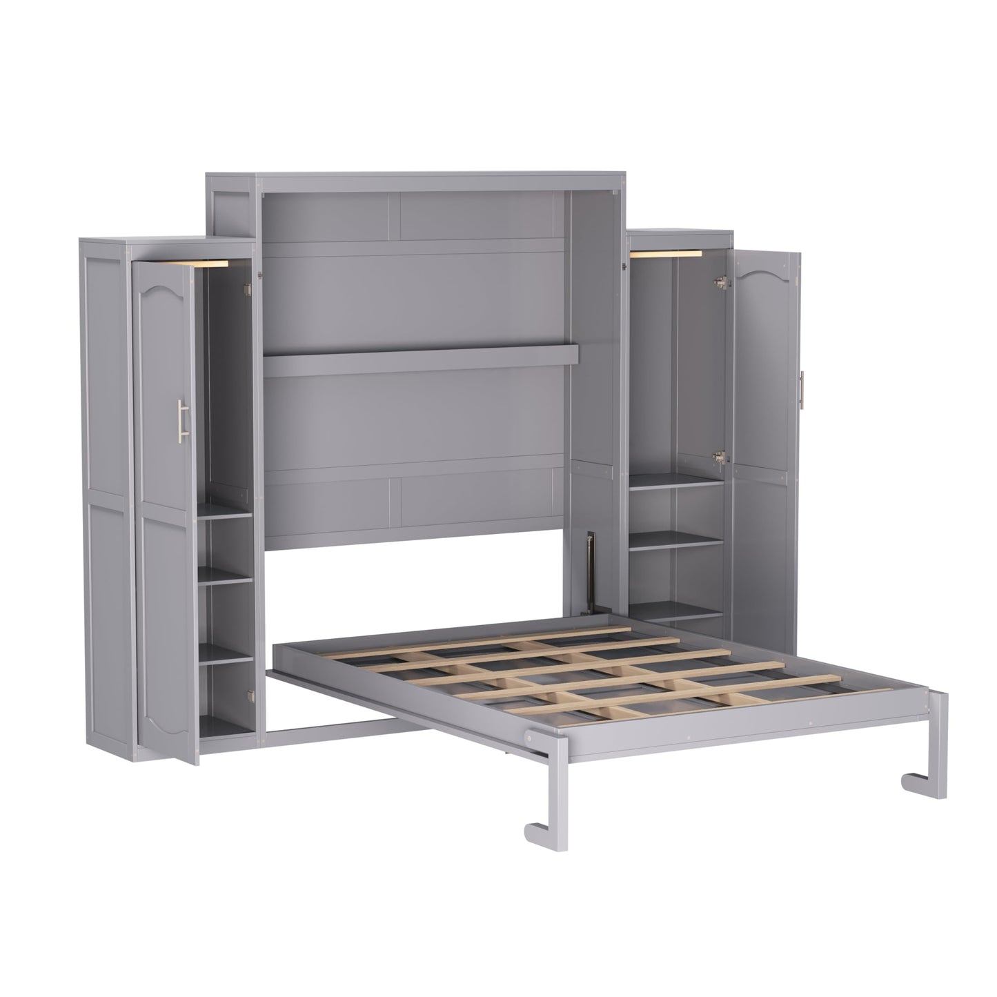 Merax Queen Size Wood Murphy Bed, with 2 Wardrobe and Storage Shelf, Multifunctional Foldable Wall Platform Bedframe for Guest-Room, Bedroom, Gray