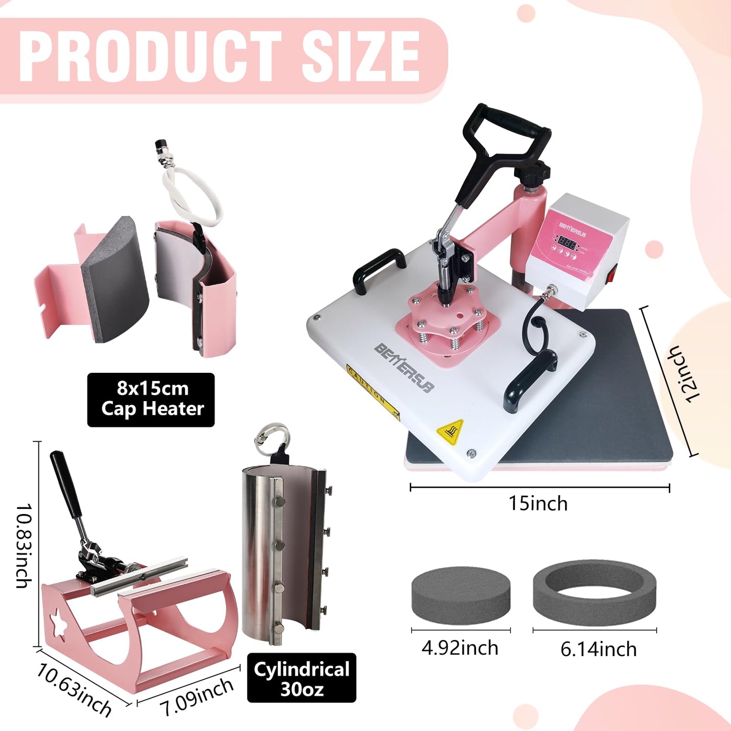 BetterSub 5 in 1 Heat Press Machine 12x15 inch, Industrial-Quality Sublimation Press with 30oz Tumbler Attachment & Curved Hat Plate, 360° Swivel Design for T-Shirts, Vinyl, DTF Film - Pink