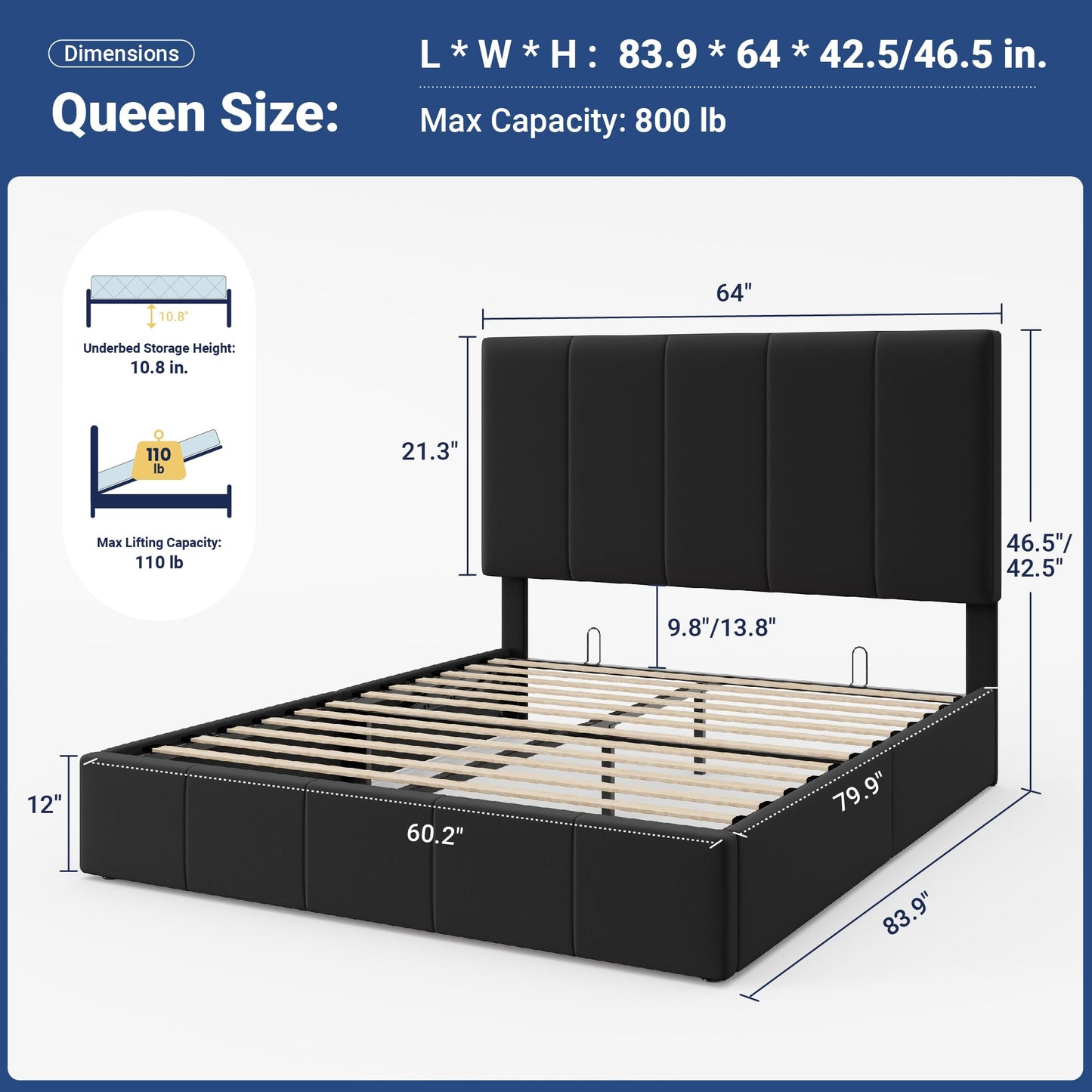 Allewie Queen Size Velvet Lift Up Storage Bed Frame, Vertical Channel Tufted Headboard, Hydrualic Underneath Storage, Upholstered Platform Bed, Wooden Slats Support, No Box Spring Needed, Black