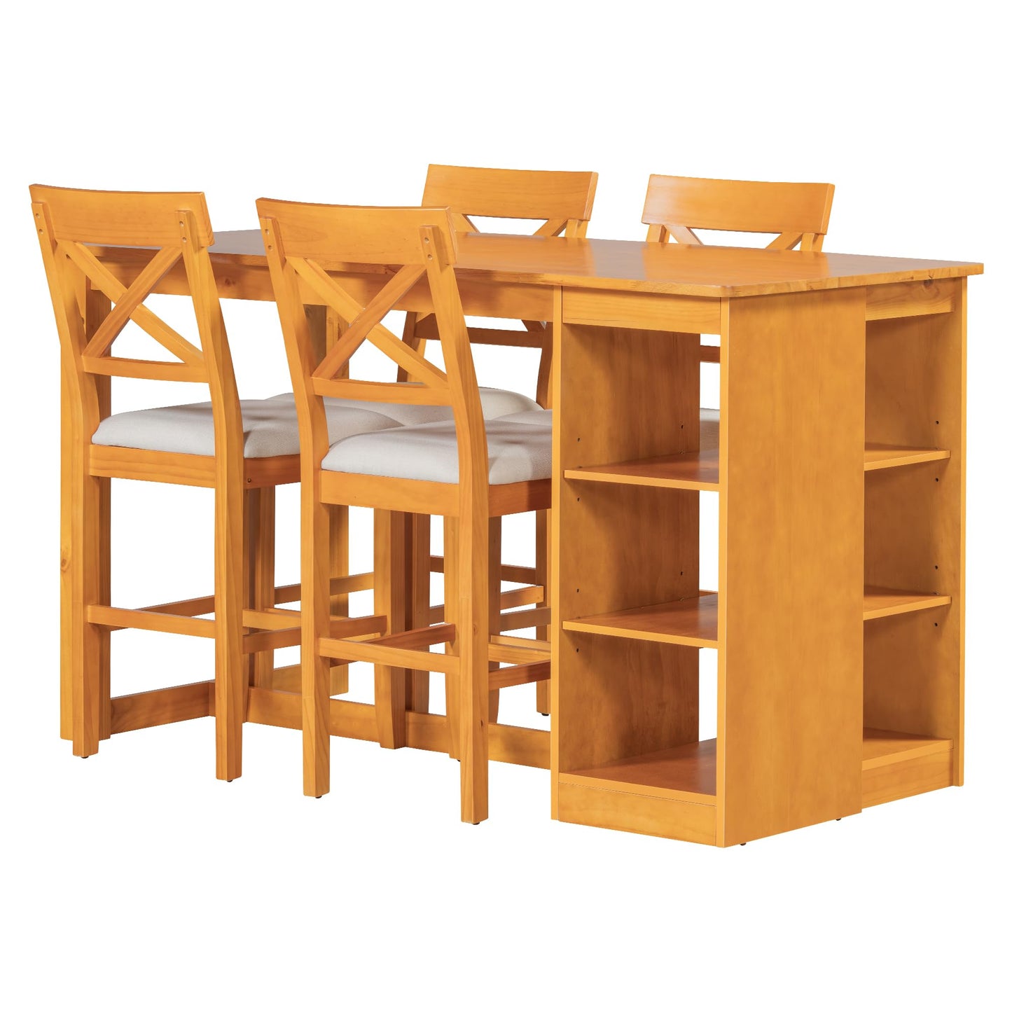Merax 5 Piece Solid Wood Farmhouse Counter Height Dining Table Set with 3-Tier Storage Shelves,Upholstered Cross-Back Dining Chairs for 4,Rustic Dining Furniture for Kitchen,Dining Room,Brown