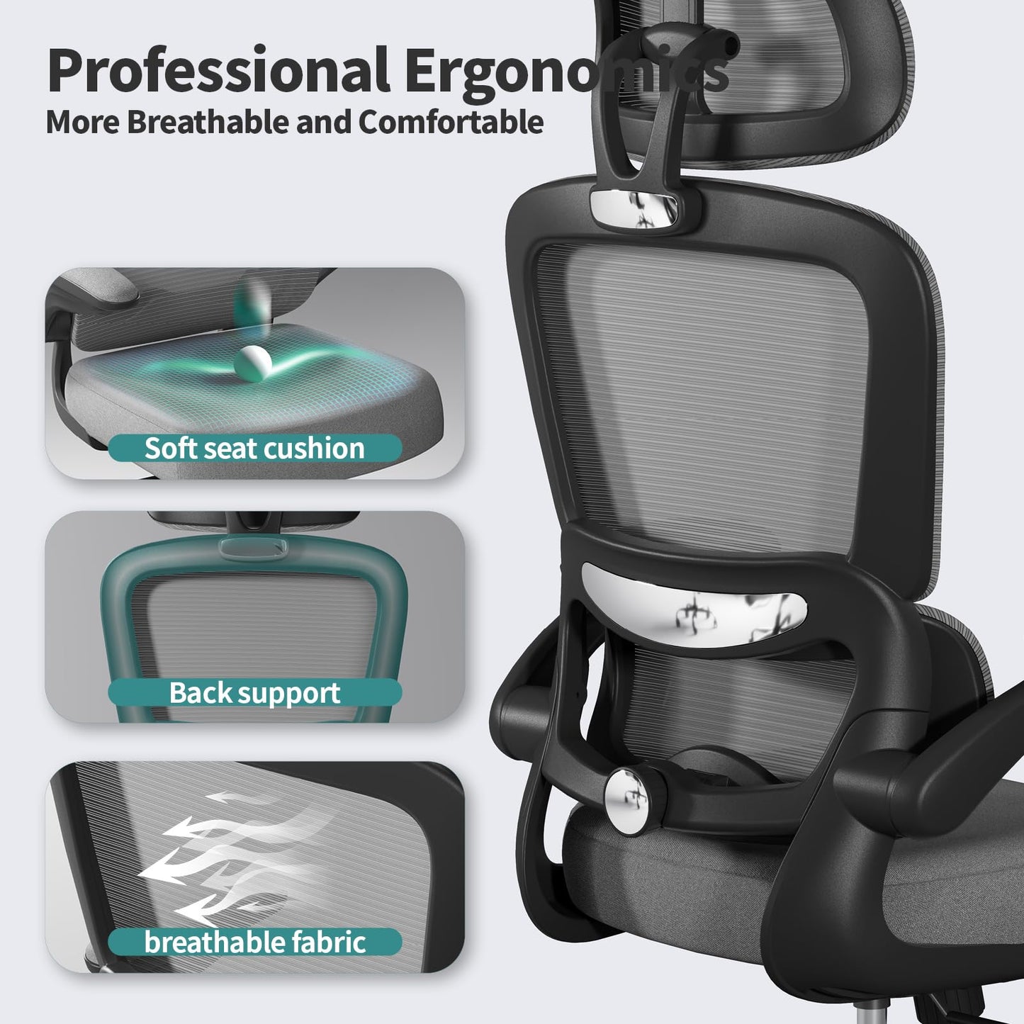 TRALT Office Chair Ergonomic Desk Chair, 330 LBS Home Mesh Office Desk Chairs with Wheels, Comfortable Gaming Chairs (Dark Grey)