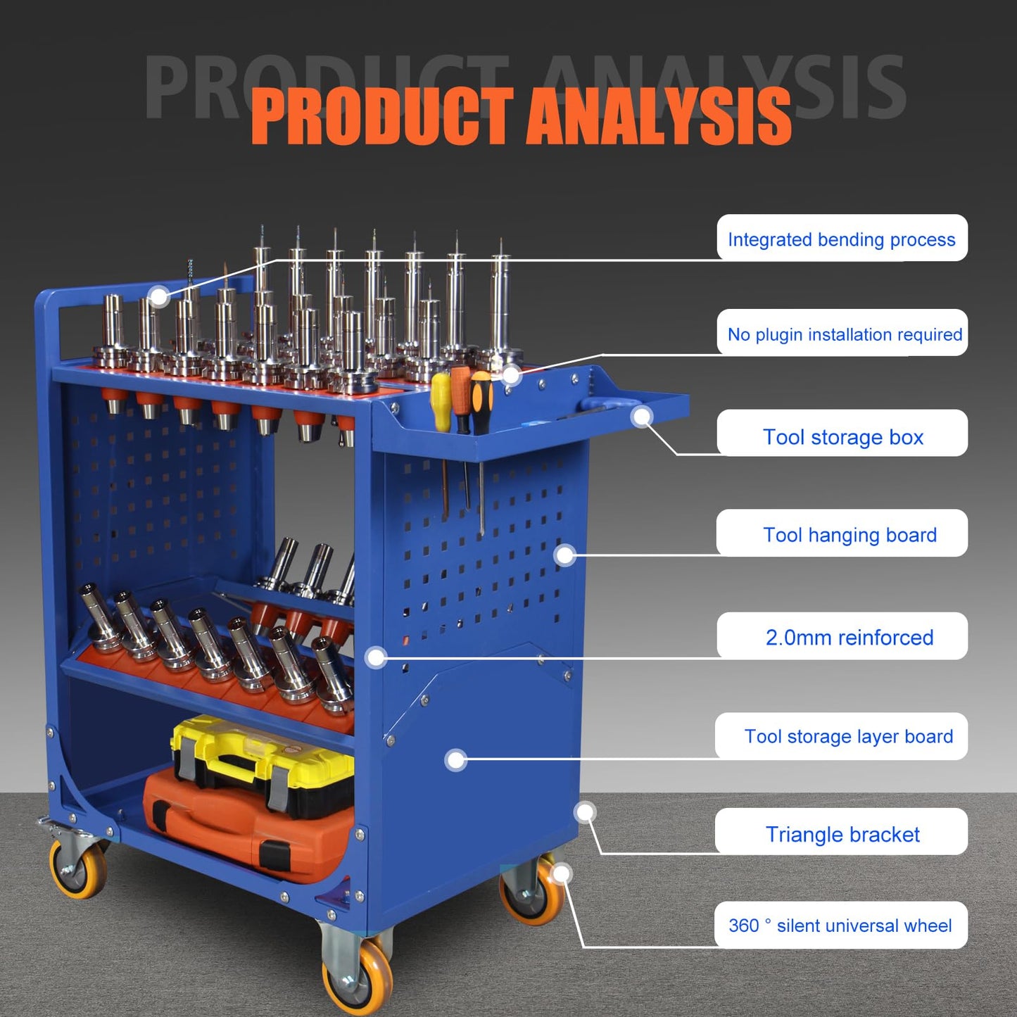 HSK63 Blue CNC Tool Storage Cart, HSK63-35CAP Tool Holder Carts with Wheels