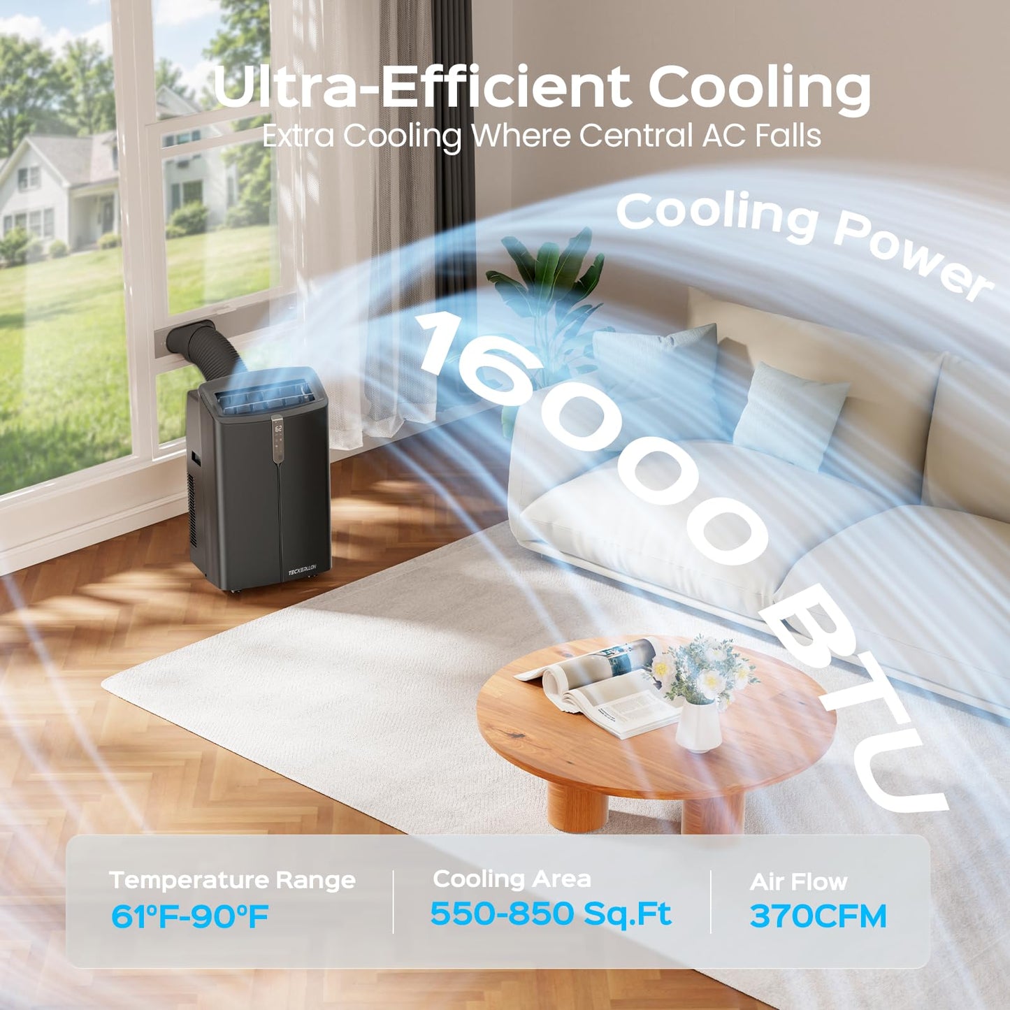 TECXERLLON 16,000 BTU Portable Air Conditioner with App & Remote Control, Cools up to 850 Sq. Ft., 4-in-1 Smart AC Unit with Dehumidifier, Fan, Sleep Mode, Self-Evaporating Design & Window Kit
