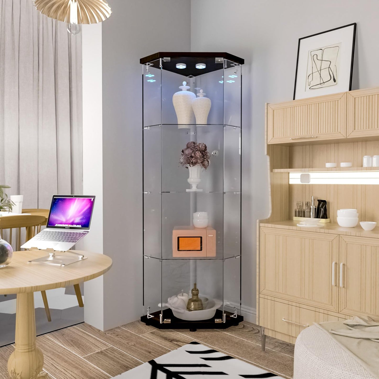 Beauty4U Glass Display Corner Cabinet with Light, 4 Shelves, Curio Cabinets for Living Room, Bedroom, Office, Black Floor Standing Glass Bookshelf, Quick Installation