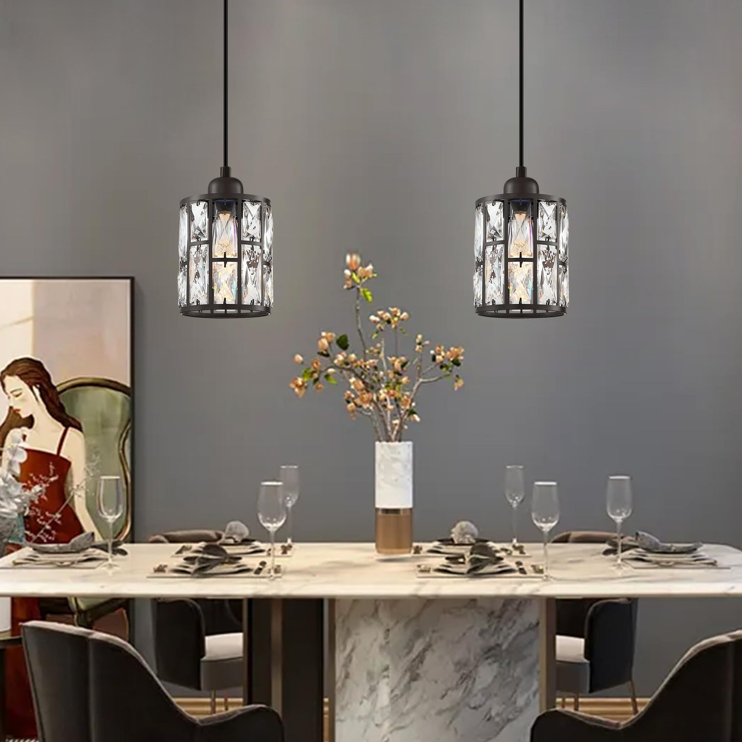 Dolaimy House 2 Pack Crystal Hanging Pendant Light Fixture, 5.3in Oil Rubbed Bronze, Model X3773BD1NI