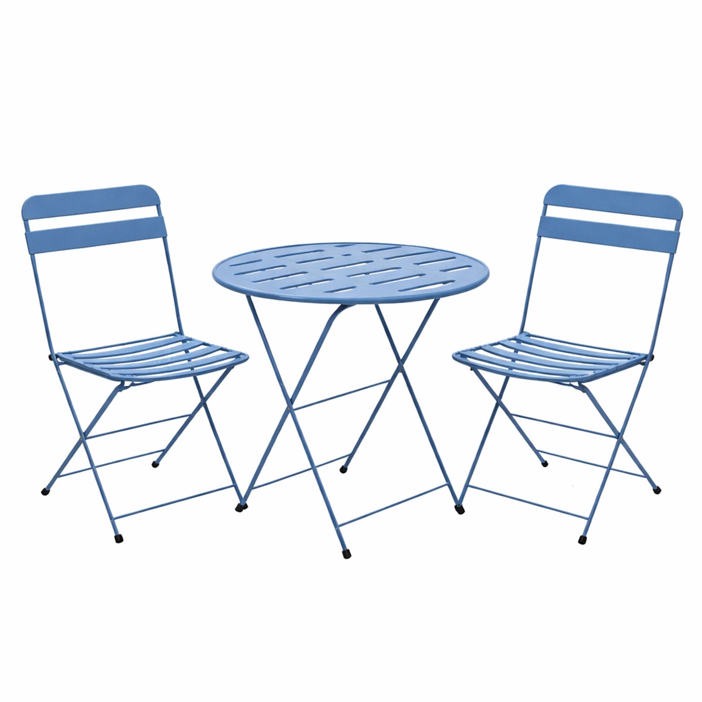 Alpine Corporation VTFAM168A-BL 3-Piece Blue Metal Folding Bistro Set – 20" Round Patio Table with 2 Folding Chairs – Portable Indoor/Outdoor Balcony & Garden Furniture Set