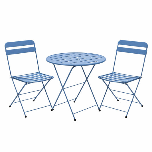 Alpine Corporation VTFAM168A-BL 3-Piece Blue Metal Folding Bistro Set – 20" Round Patio Table with 2 Folding Chairs – Portable Indoor/Outdoor Balcony & Garden Furniture Set