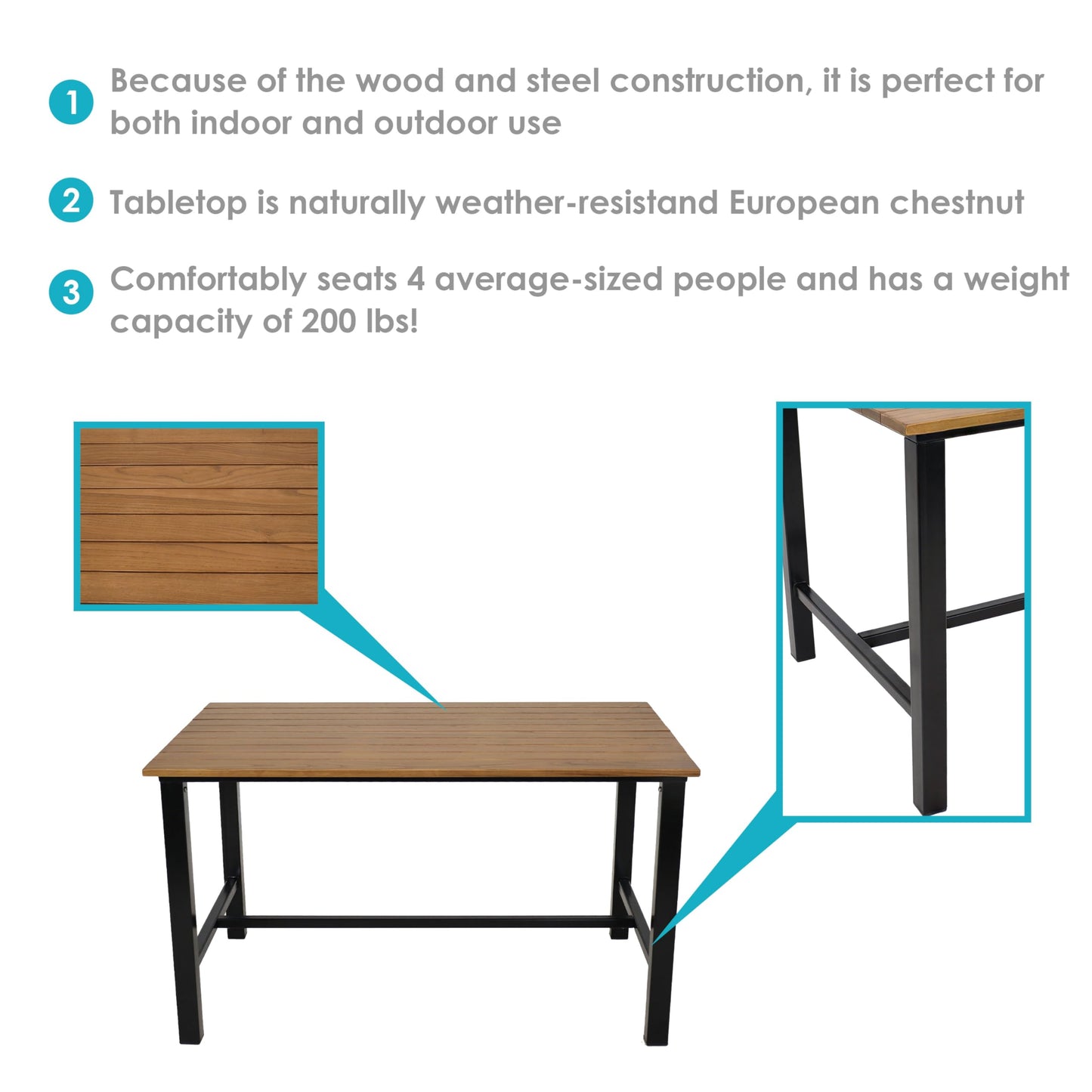 Sunnydaze 4-Person Solid Wood Rectangle Patio Dining Table - for Indoor or Outdoor Use - 47.25" W x 31.25" D