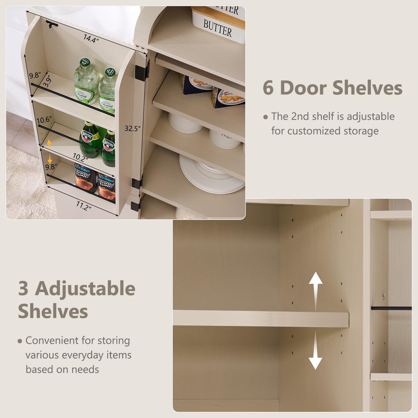 IFBUY 71" Tall Arched Bathroom Storage Cabinet, Modern Fluted Storage Cabinet w/Doors, 3 Adjustable Shelves, 6 Door Shelves, Wood Freestanding Cabinet for Bathroom, Entryway, Hallway, Cream