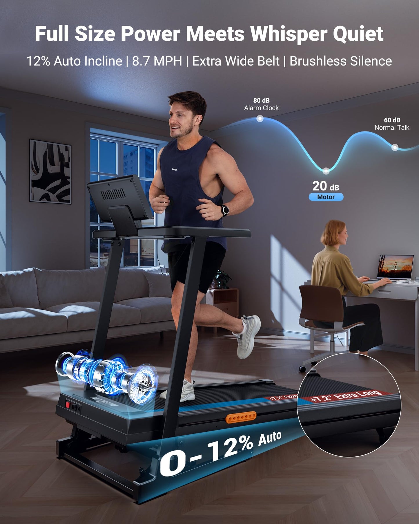THERUN Treadmill with Incline,8.7 MPH 12% Auto Incline Treadmill,Treadmills for Home,3 HP Quiet Brushless Motorized Treadmill,LED Display