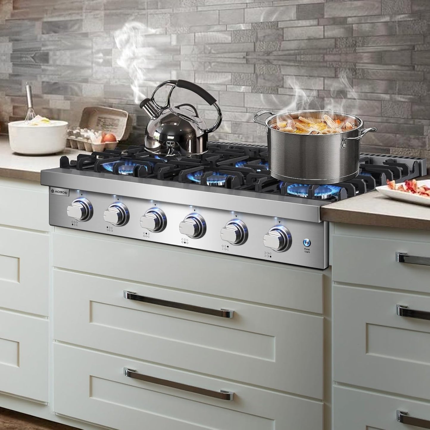 AAOBOSI 36-Inch Gas Cooktop with 6 Burners, 78,000 BTU Built-In Stainless Steel Rangetop, Freestanding Commercial Cooktop NG/LPG Convertible with Cast Iron Grates,Drip Pan and Panel Lights