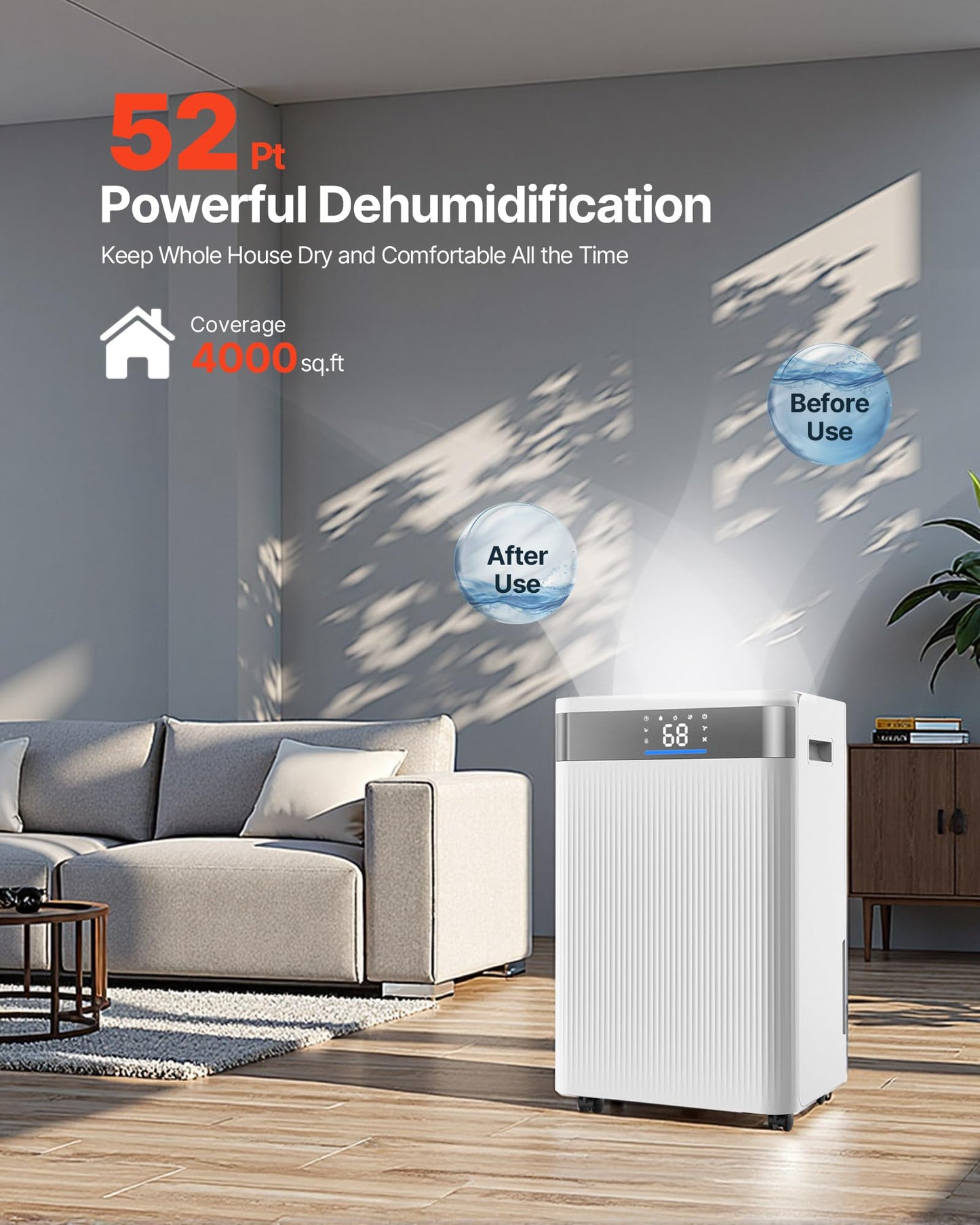 VEVOR 52 Pints Dehumidifier for Home & Basement, 4000 Sq.Ft Large Coverage, Drain Hose for Commercial & Industrial Use, Smart Humidity Control, Low Noise for Warehouses, Bathroom, Bedrooms & Storage