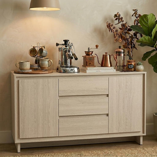 RoyalCraft Buffet Cabinet with Storage, Modern Wood Sideboard Credenza with 2 Doors and 3 Drawers, Coffee Bar Cabinet with Adjustable Shelves for Kitchen, Living Room, Dining Room, Entryway, Beige