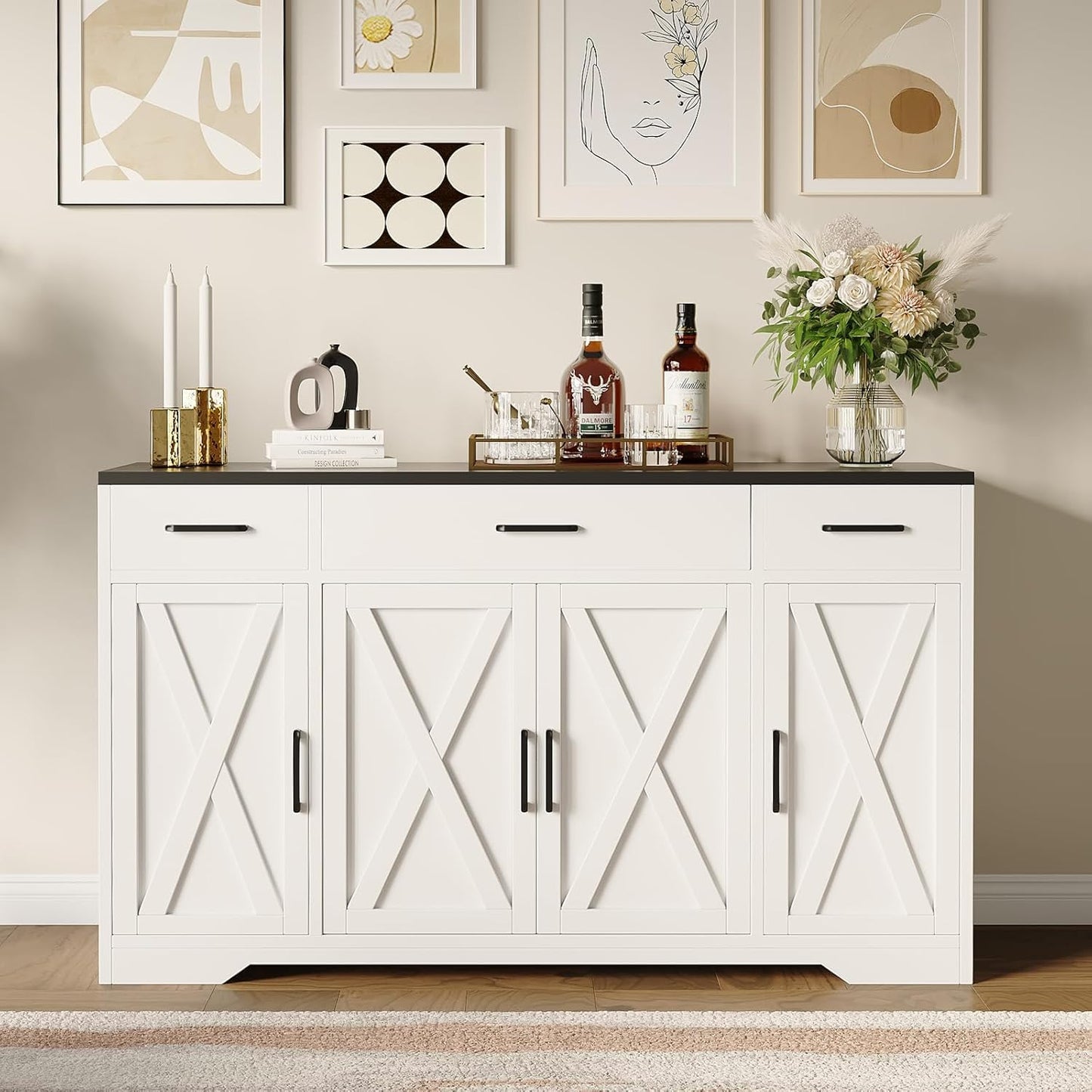 GarveeLife 55" Buffet Sideboard with 3 Drawers, Modern Farmhouse Kitchen Storage Cabinet, Large Wood Coffee Bar Cabinet with Storage for Living Room Hallway- White & Black