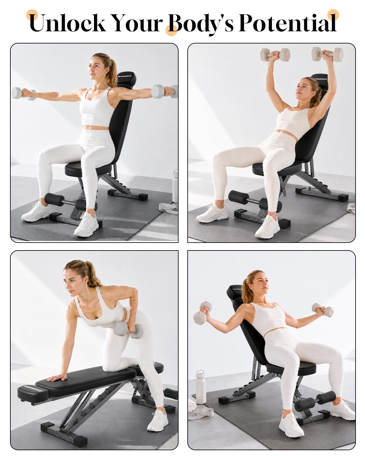 Streamnova Fitness Bench, Adjustable, Comfortable, Fashionable, Foldable and Extended Headrest with 192 Positions Incline Decline 900LBS Home Gym Bench for Strength Training