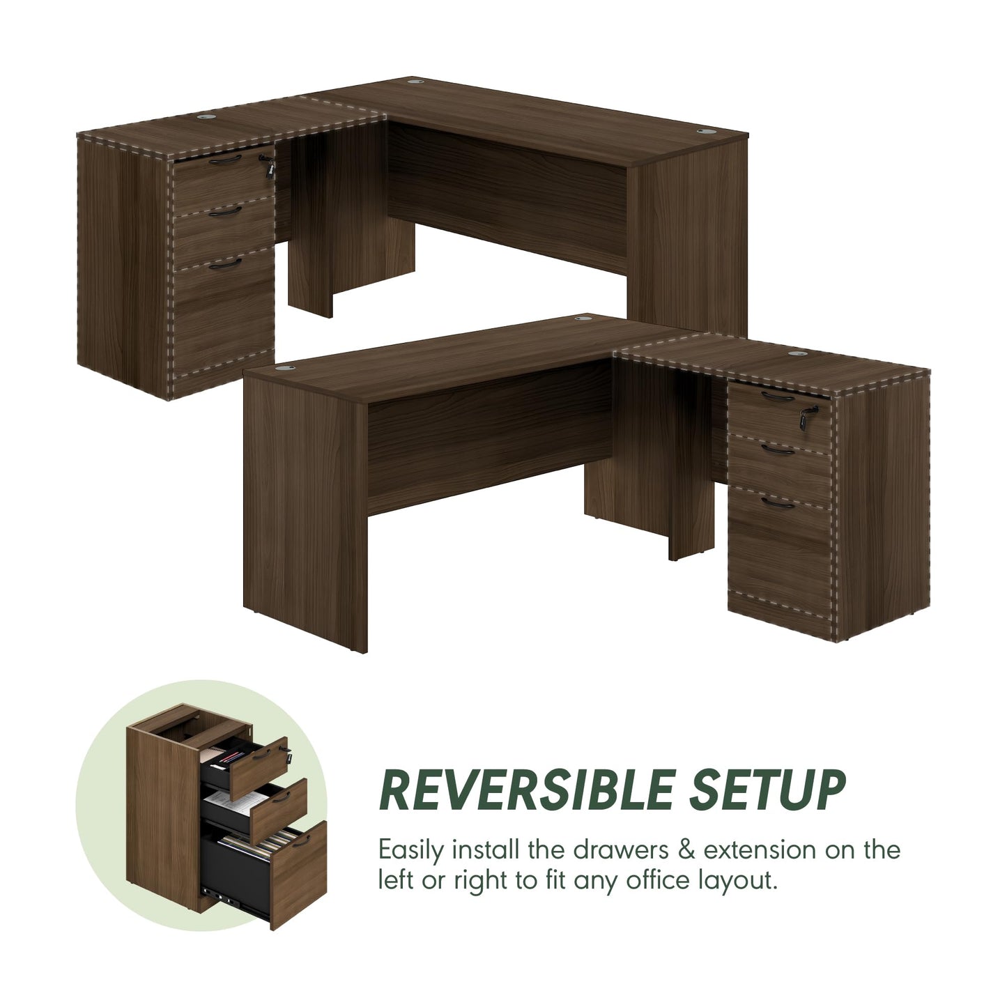 Furinno Roger 60 Inch L-Shaped Executive Desk with File Cabinet, L-Shaped Office Desk with 3-Drawer Fixed Pedestal Filing Cabinet, Desk Cord Grommet, for Home Office, Modern Walnut