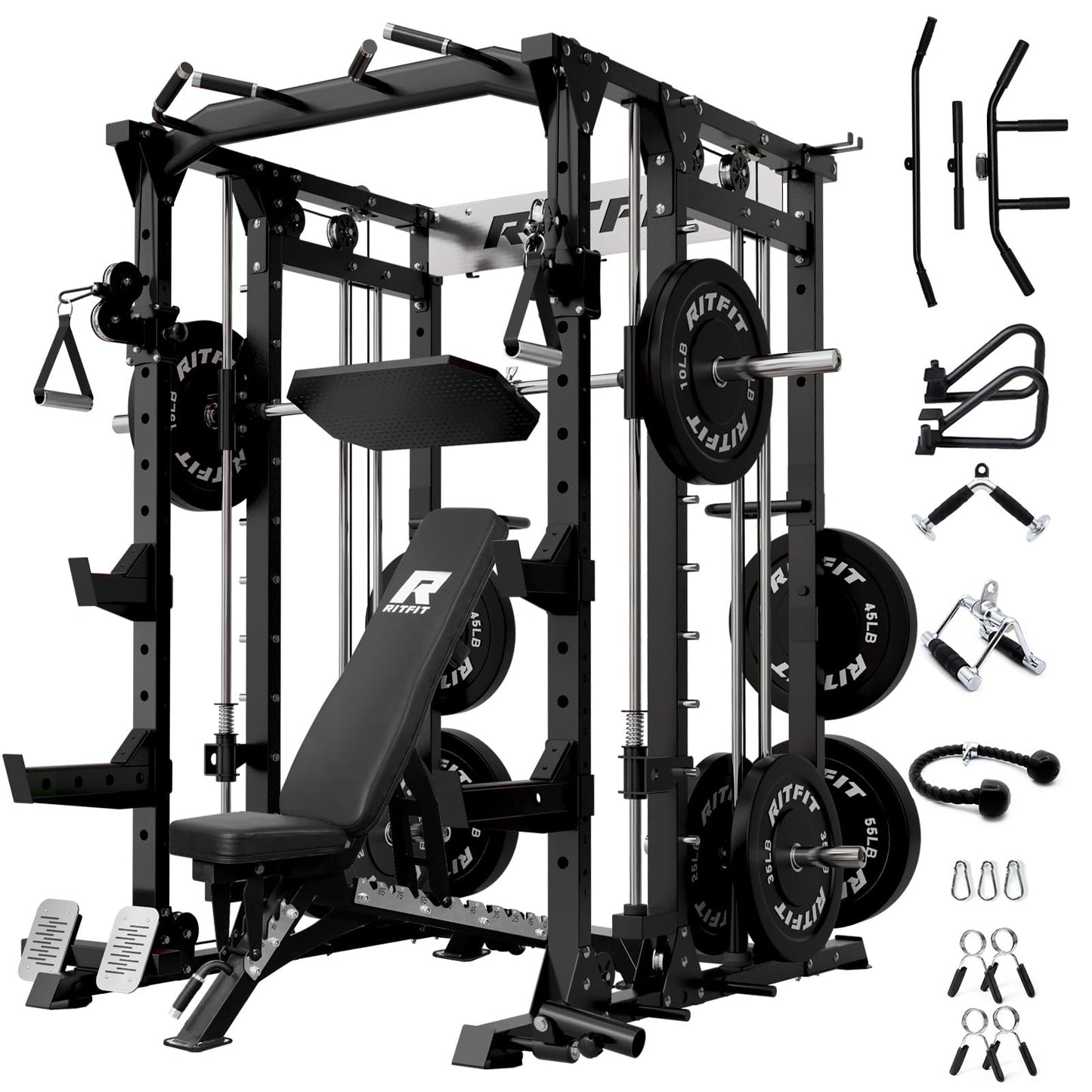 RitFit Buffalo Smith Machine, Power cage with LAT-Pull Down System & Cable Crossover System, All-in-One Squat Rack for Home Gym, Power Rack
