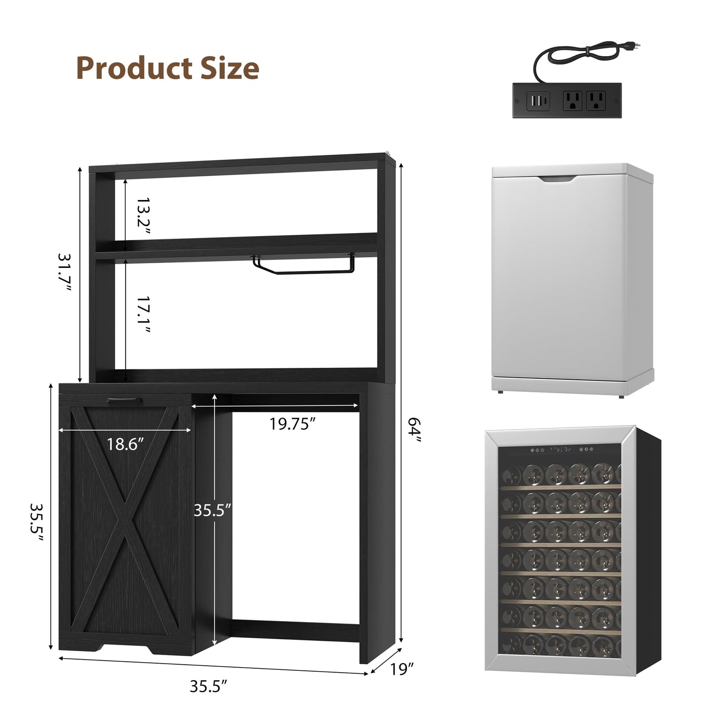 Jocoevol Coffee Bar Cabinet with Fridge Space, Mini Fridge Cabinet with Power Outlets and Glass Holder, Farmhouse Design Mini Fridge Stand with Storage for Living Room, Kitchen, Entryway, Black