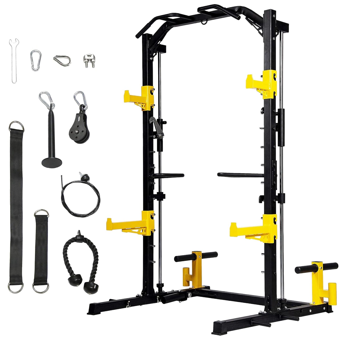 Fitvids Smith Machine Power Cage, Multi-Function Squat Rack with Dip Bars, Weight Plate Storage, J Hooks, Barbell Holder & T-Bar Row Platform, Tricep Rope,2000lb Capacity