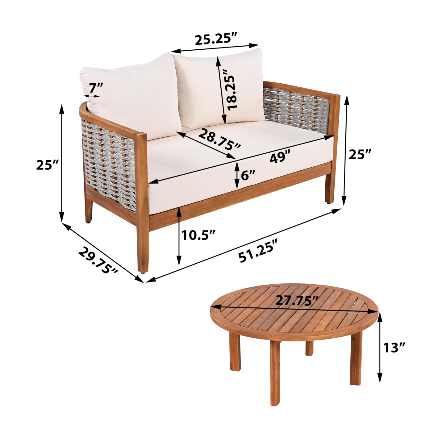 Merax 2 Pieces Acacia Wood Patio Furniture Set, Outdoor Woven Rope Conversation Sets with Deep Seating Soft Cushions Loveseat and Round Coffee Table for Backyard, Porch, Balcony, Garden, Teak & Beige