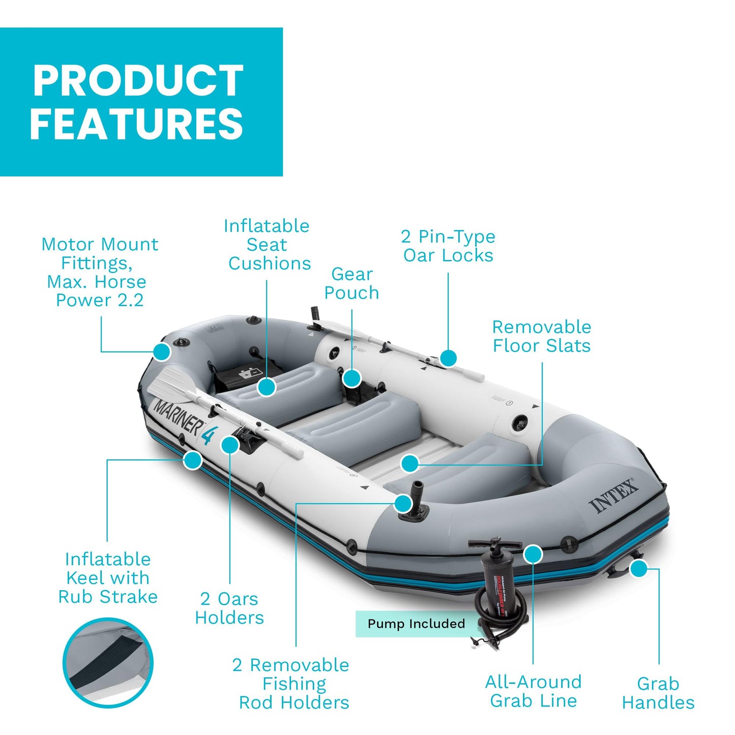 INTEX 68376EP Mariner 4 Inflatable Boat Set: Includes Deluxe 54in Boat Oars and High-Output Pump – Wear-Resistant Keel – Removable Fishing Rod Holders – 4-Person – 1100lb Weight Capacity