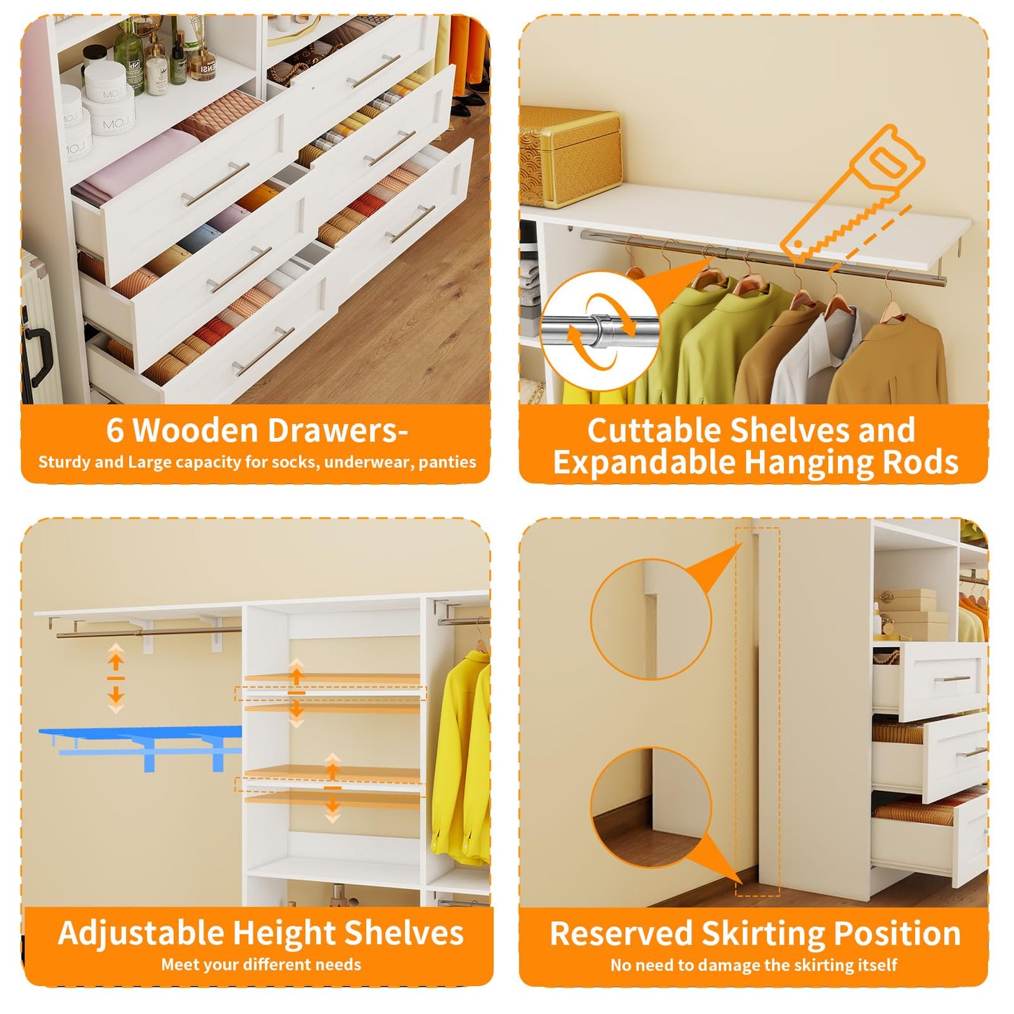 secilix Closet System with 6 Wood Drawers, 6-12FT Closet Organizer System with Cuttable Shelves for Walk in Closet with 6 Expandable Hanging Rods, Heavy Duty Built-in Closet for Bedroom, White