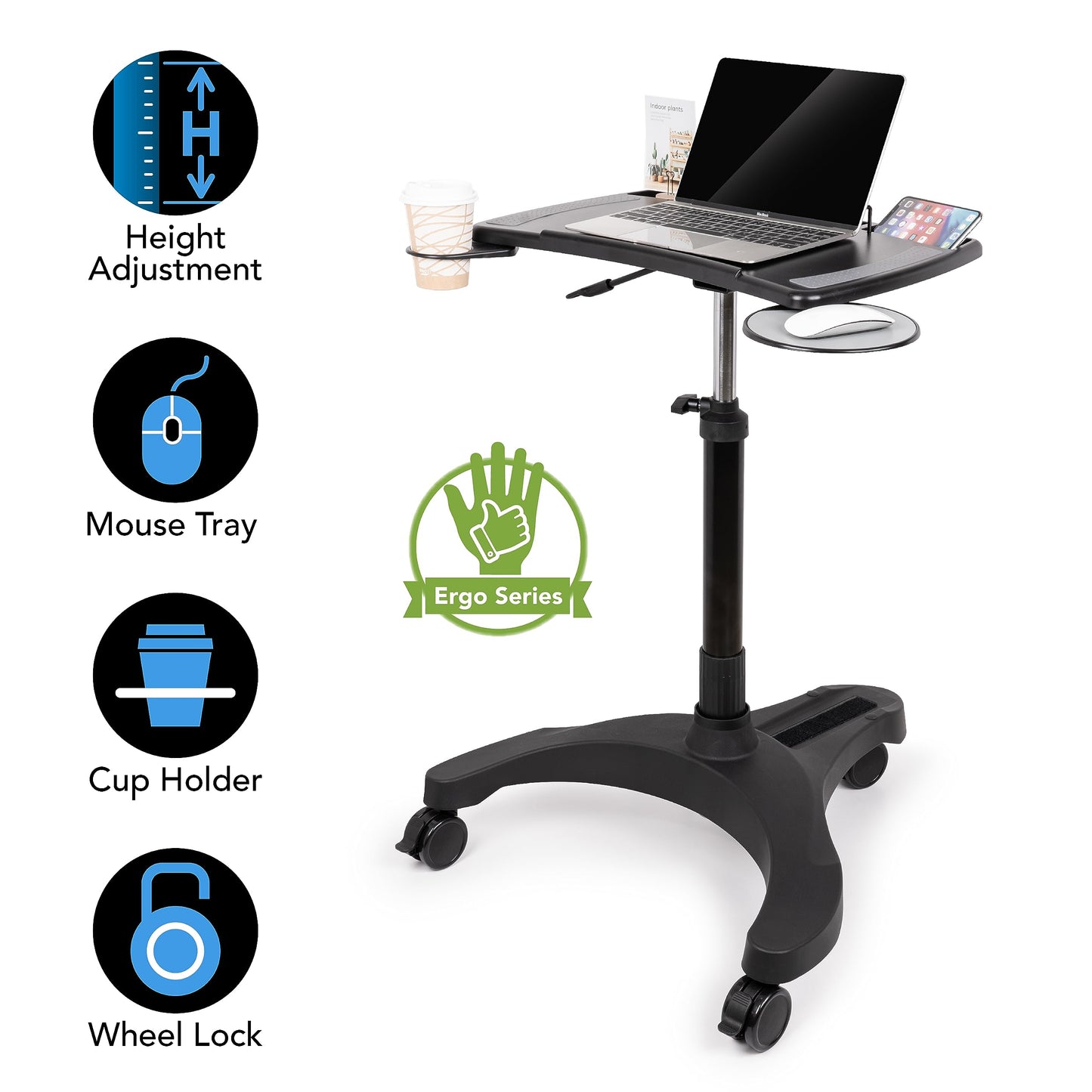 EHO Mobile Laptop Standing Desk Carts on Wheels with Stationery Storage, Pneumatic, Height Adjustable Rolling Stand, Sit to Stand Computer Cart, Workstation for Home, Office, Medical and School