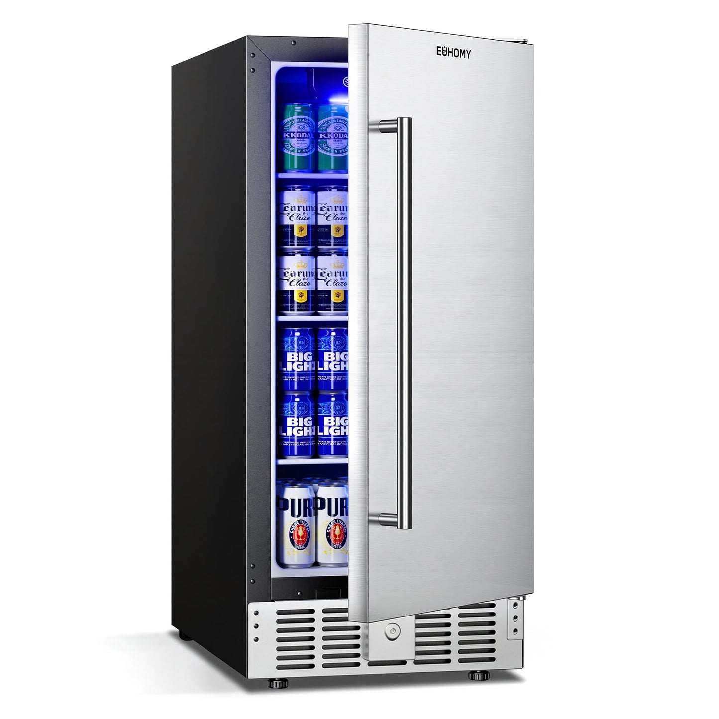 EUHOMY 15 Inch Under Counter Beverage Refrigerator, 127 Can Beverage Fridge with Stainless Steel Door, Beverage Cooler Built-in, Drink Fridge for Soda Beer and Wine